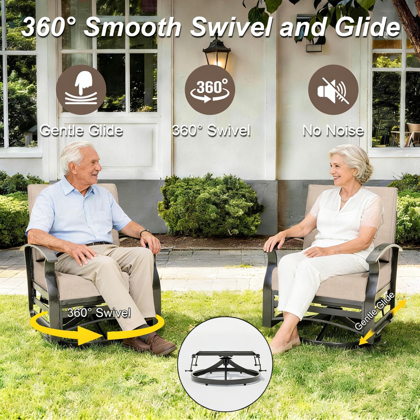 Gotland 6 Piece Patio Set, Aluminum Outdoor Swivel Chairs Set with Round Table 5.1’’ High-Resilience Seat Cushions 29.5" Deep Seating, Metal Patio Furniture Set Patio Conversation Sets