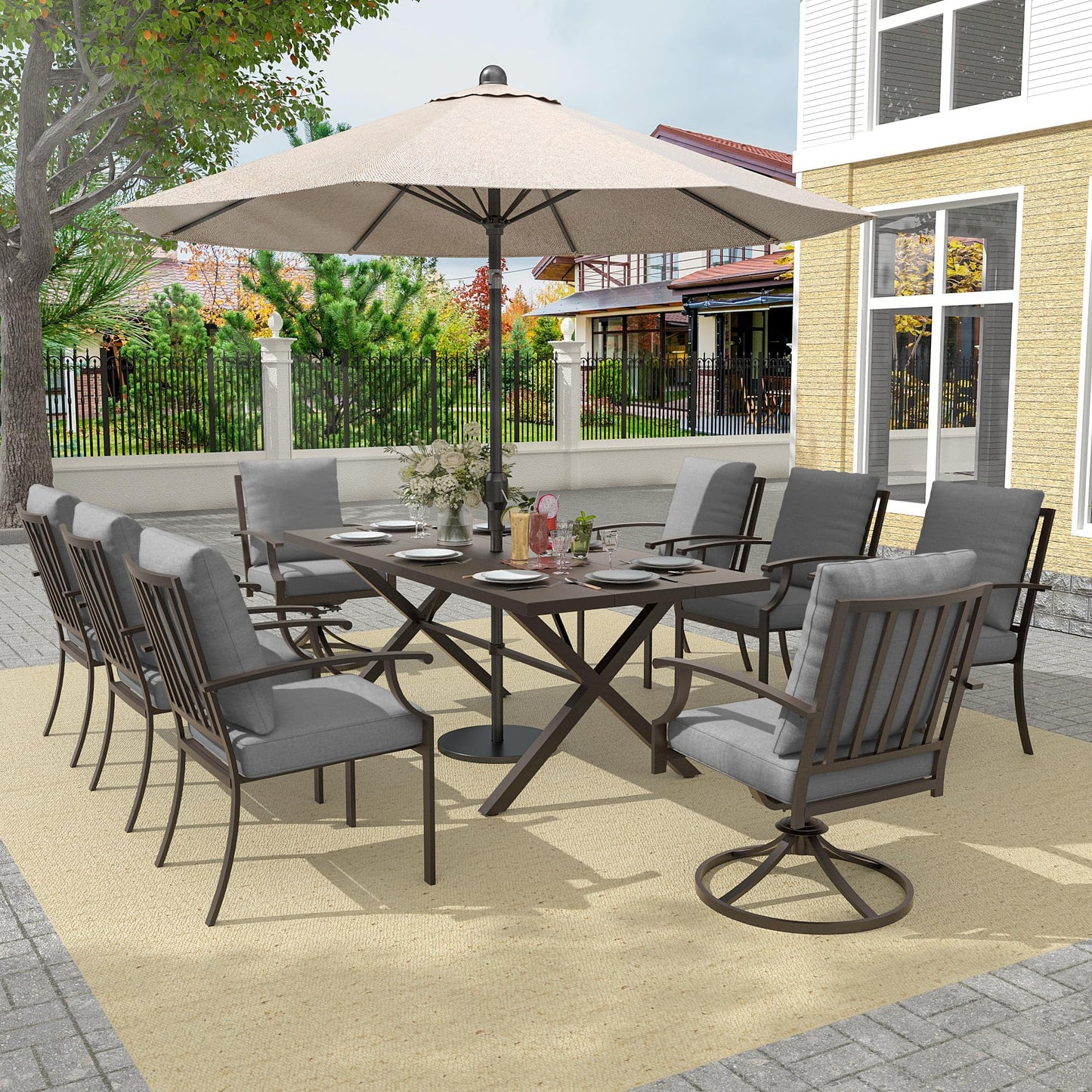 Gotland 9 Piece Outdoor Dining Set, Metal Outdoor Table,6 Single chairs and 2 Swivel Chairs , Patio Furniture Set with Waterproof Cushions, Patio Dining Sets for Backyard Deck ,Sand