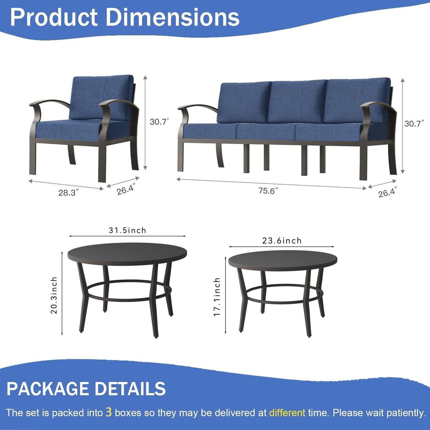 Gotland 5 Piece Aluminum Patio Furniture Set,Modern Metal Outdoor Patio Furniture w/5.1'' Thick Cushion and Round Coffee Table,Patio Conversation Sets for Porch,Deck