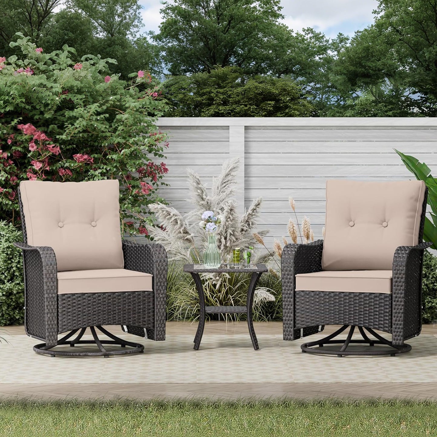 Gotland 3-Piece All-Weather Outdoor Patio Set, Wicker Swivel Chairs and Side Table, Durable Conversation Furniture for Backyard, Porch, Balcony, Deck