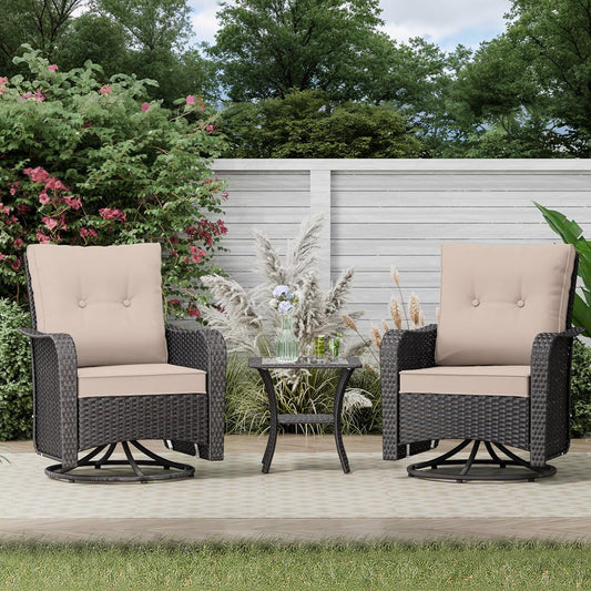 Gotland 3-Piece All-Weather Outdoor Patio Set, Wicker Swivel Chairs and Side Table, Durable Conversation Furniture for Backyard, Porch, Balcony, Deck