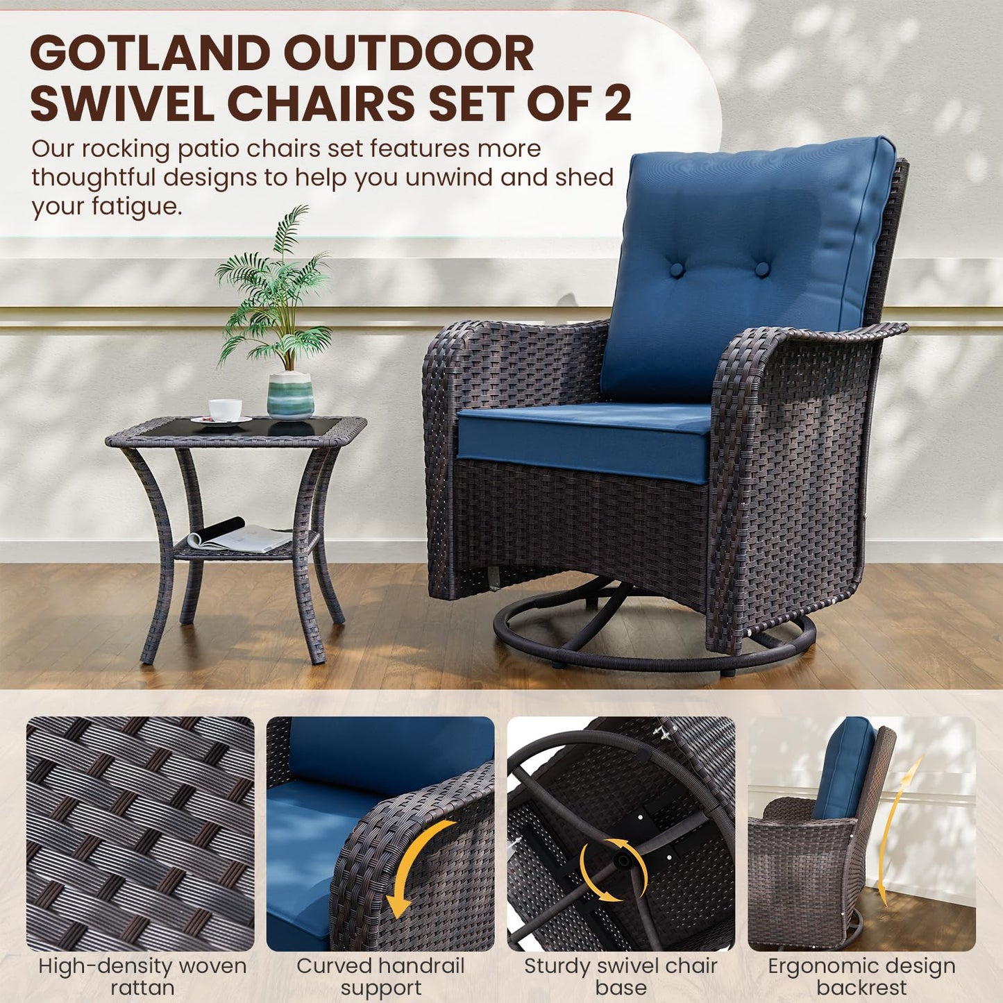 Wicker Swivel Rocker Patio Chairs Set of 4,Swivel Rocking Chairs with Thickened Cushions,All-Weather Patio Wicker Chairs for Garden,Deck,Backyard