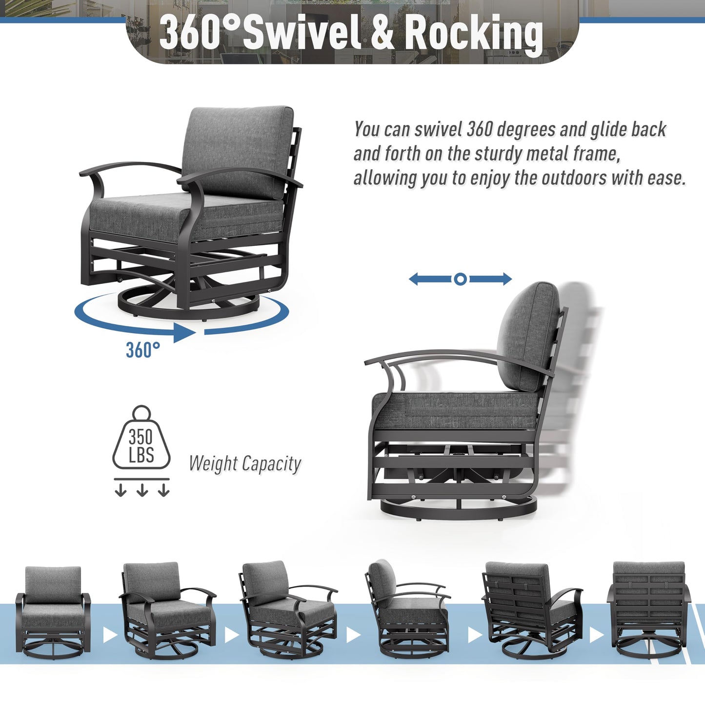 ALAULM Aluminum Patio Furniture Set 5-Seat Modern Outdoor Conversation Sets w/Swivel Rocking Chairs with Rectangular Coffee Table