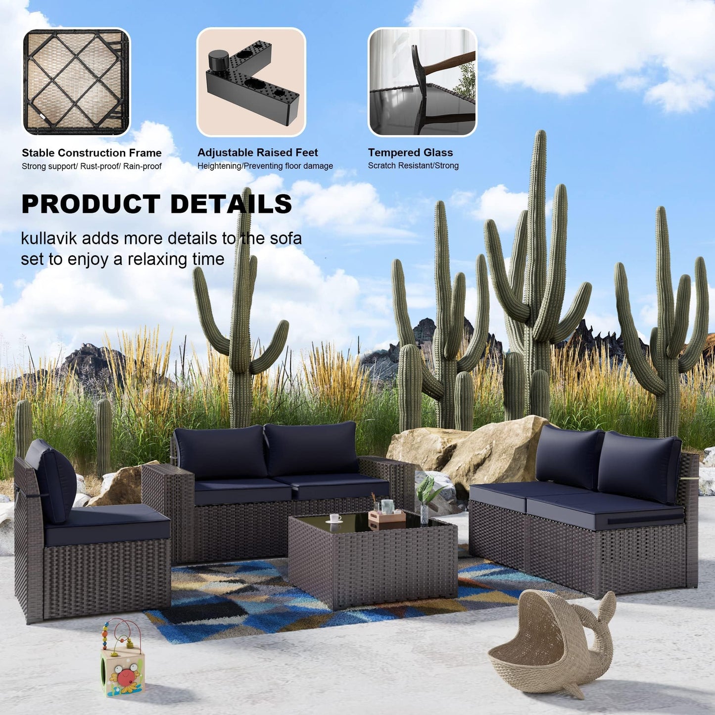 Gotland 6 Pieces Outdoor Patio Furniture Set Rattan Wicker Conversation Set,Wide Armrest