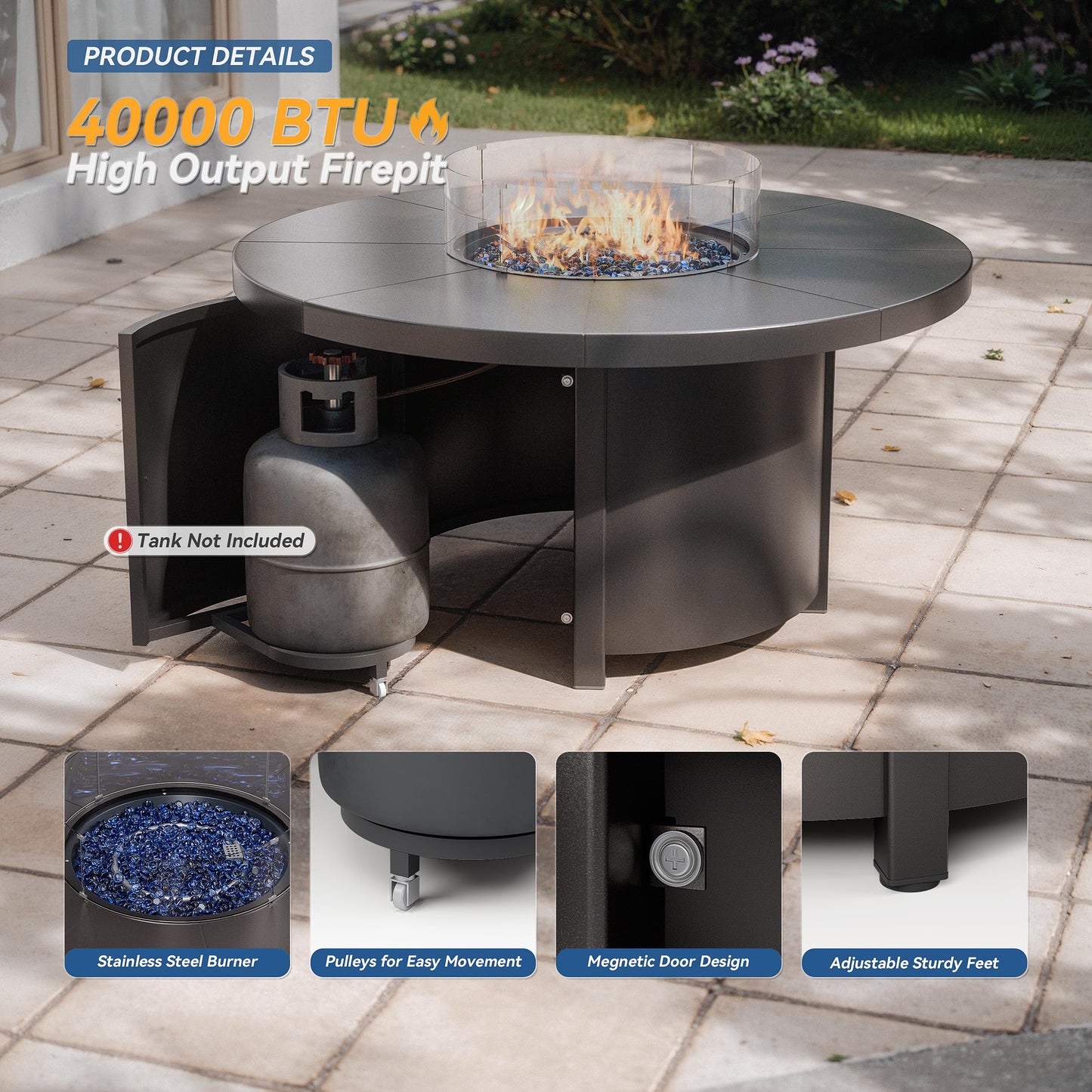 ALAULM 5 Piece Outdoor Conversation Sets, 4 Textilene Fabric Swivel Chairs with Metal Frame and w/48in Propane Round Fire Pit Table for Deck Garden Backyard Porch,Brown