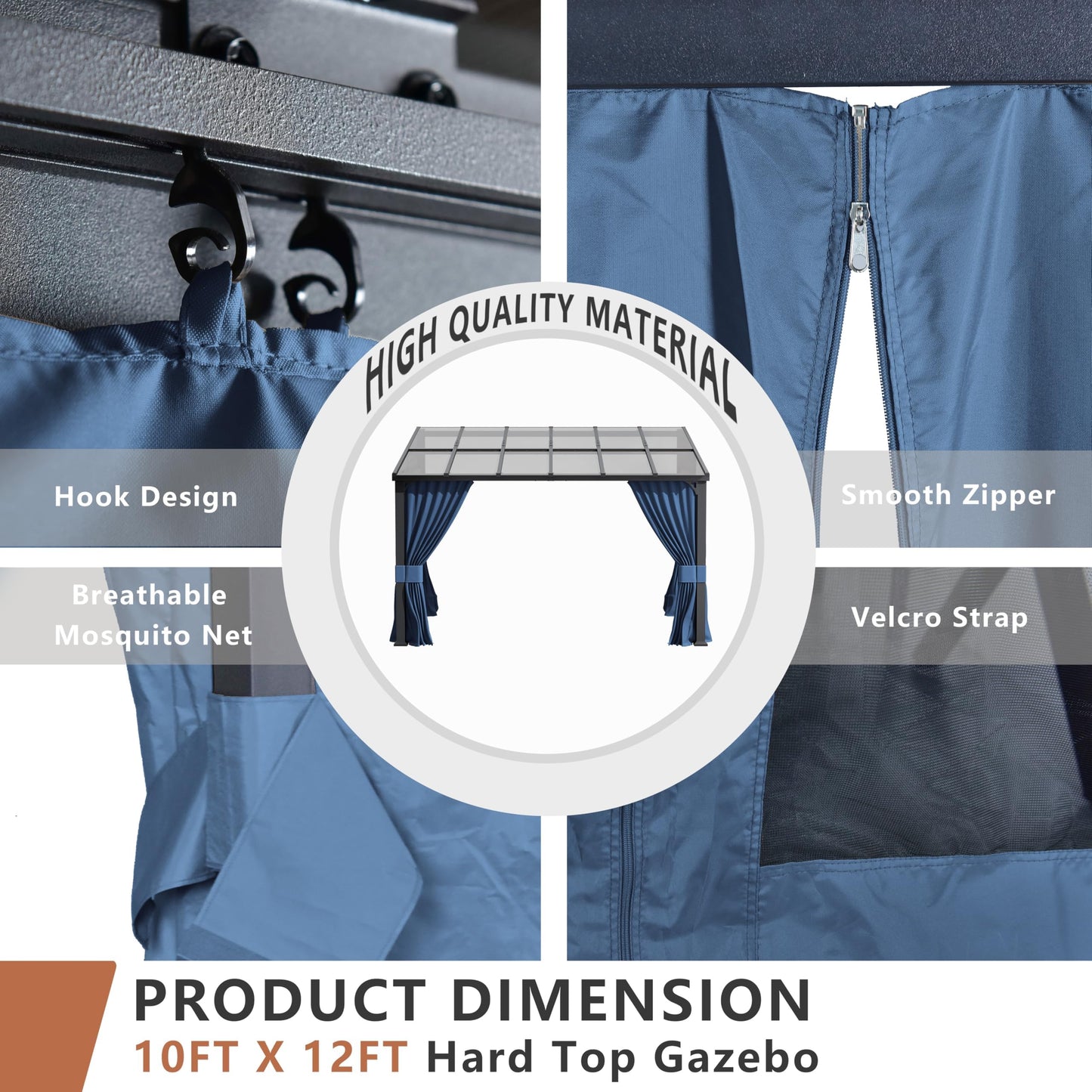 ALAULM 10'x 12' Outdoor Hardtop Gazebo,Wall Mounted Lean to Gazebo with Curtains and Netting,Galvanized Metal Frame,Sunshade for Patio, Backyard, Deck and Lawns (Dark Blue)