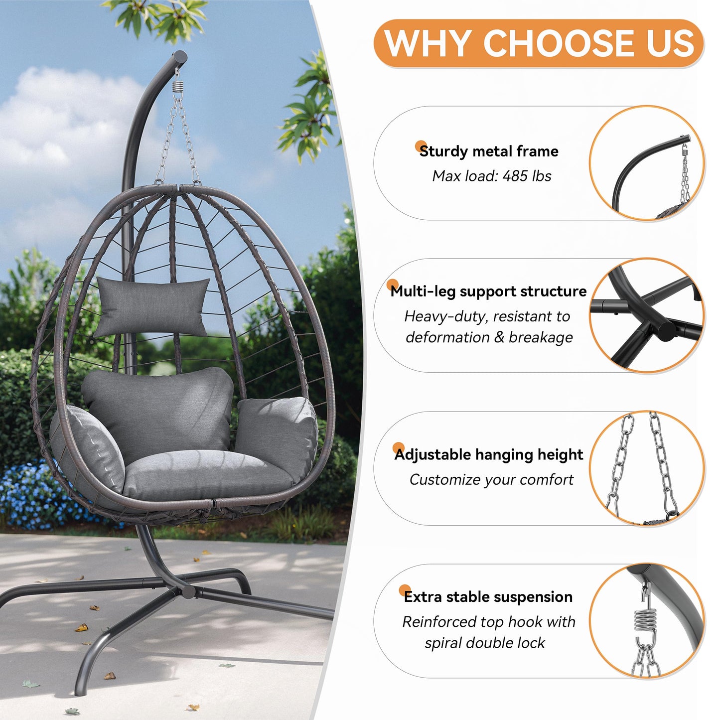 Gotland Outdoor Hanging Egg Chair with Stand,Patio Wicker Swing Egg Chair Hammock Chair with UV Resistant Cushion,All-Weather 485lbs Capacity for Bedroom,Balcony,Garden,Beige