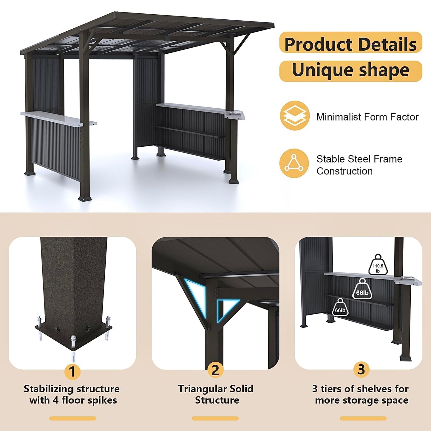 Gotland 10' x 10' Outdoor Hardtop Grill Gazebo, Steel BBQ Gazebo with Multi-Tier Shelves Permanent & Independent Countertop for Patio Backyard Lawn Garden (Dark)
