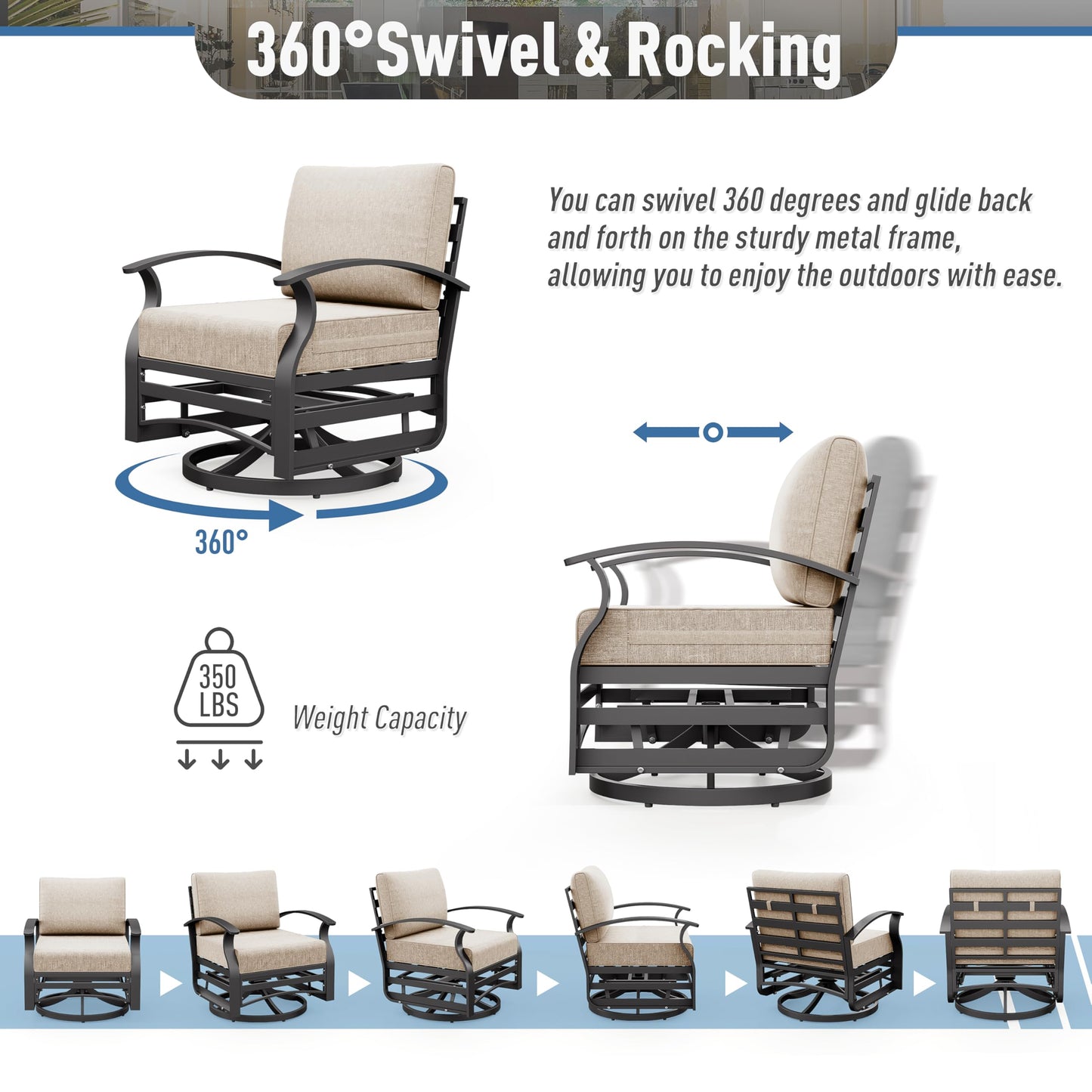 ALAULM Aluminum Patio Furniture Set 5-Seat Modern Outdoor Conversation Sets w/Swivel Rocking Chairs with Rectangular Coffee Table