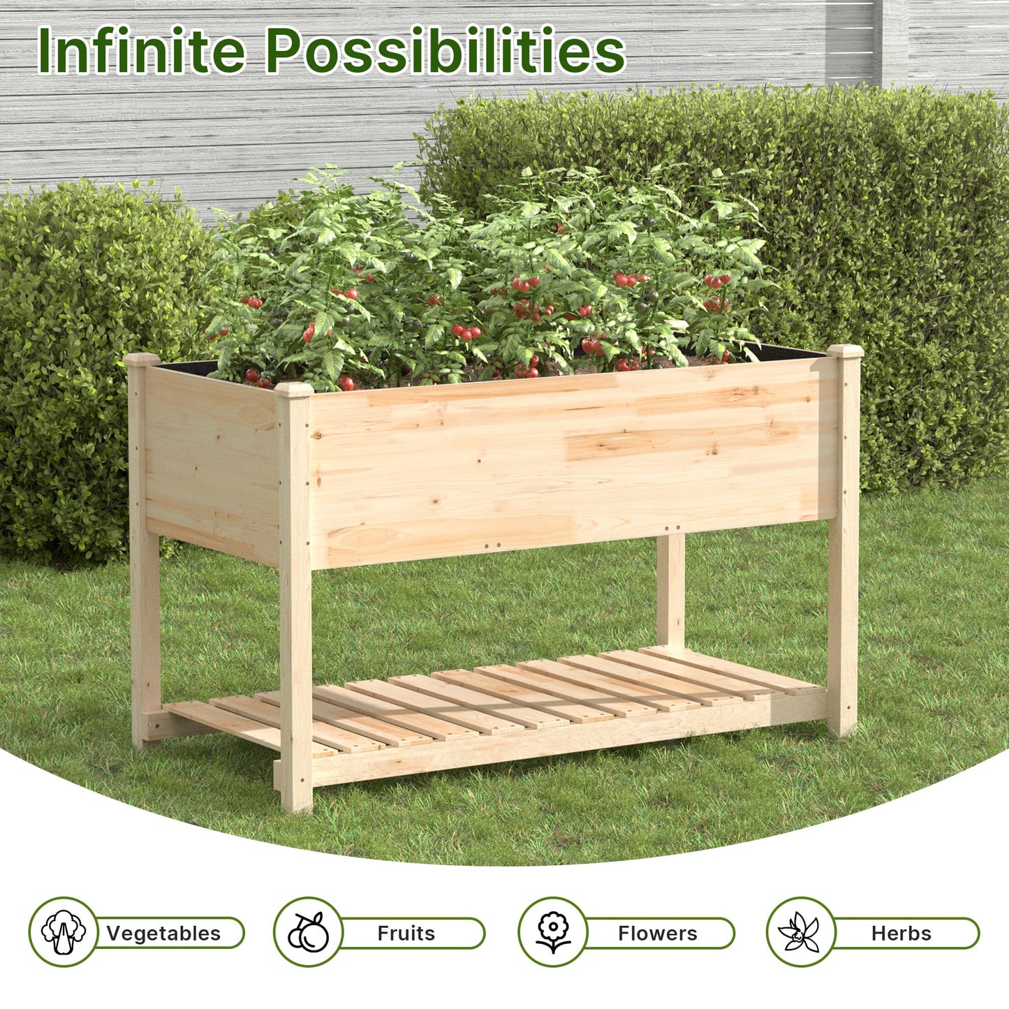 ALAULM Raised Garden Bed with Legs, 47.2x23.6x30in Wooden Raised Garden Box with Bed Liners, Storage Shelf for Outdoor Garden, Patio, Elevated Wood Planter for Vegetables, Fruits, Flowers