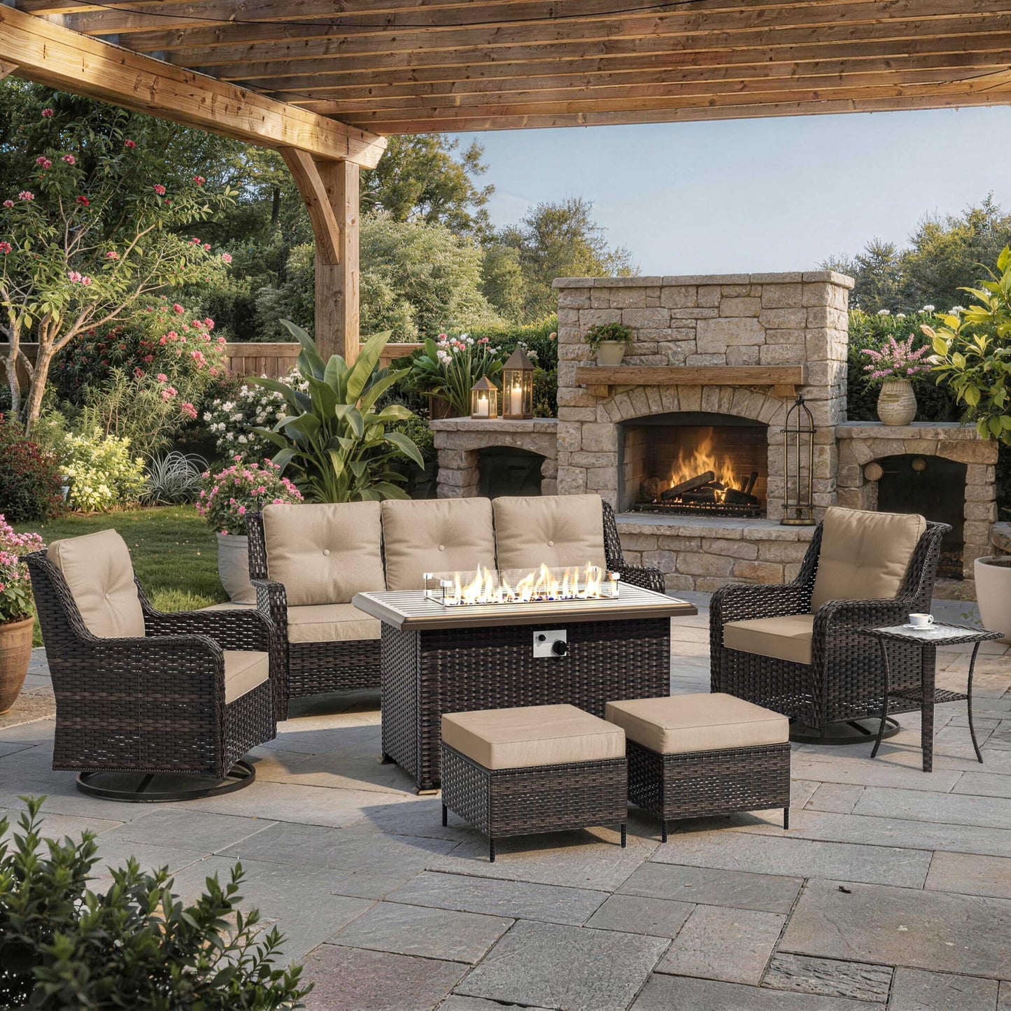 ALAULM 8PCS Patio Furniture Set, Outdoor Thick Wicker Sectional Sofas with Swivel Chair & Ottoman, High Back Sectional Couch with Fire Pit Table, Outdoor Conversation Set for Backyard, Porch, Sand