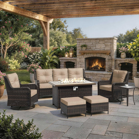 ALAULM 8PCS Patio Furniture Set, Outdoor Thick Wicker Sectional Sofas with Swivel Chair & Ottoman, High Back Sectional Couch with Fire Pit Table, Outdoor Conversation Set for Backyard, Porch, Sand