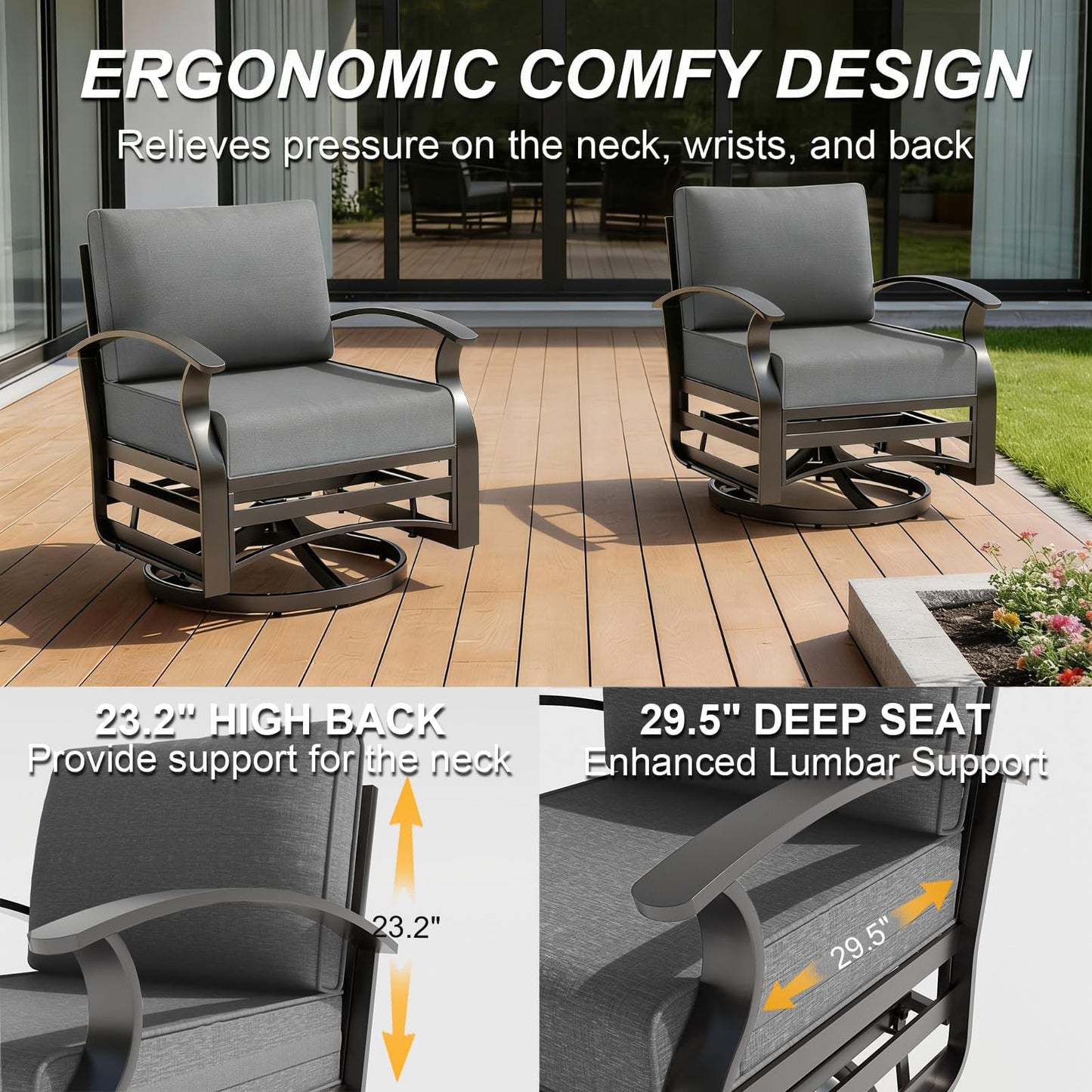 Gotland 6 Piece Patio Set, Aluminum Outdoor Swivel Chairs Set with Round Table 5.1’’ High-Resilience Seat Cushions 29.5" Deep Seating, Metal Patio Furniture Set Patio Conversation Sets