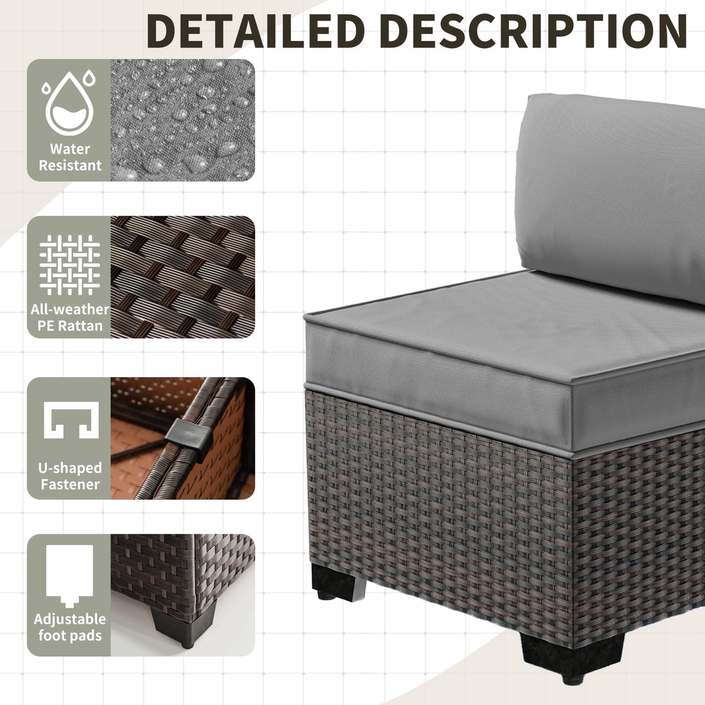 Gotland Outdoor Patio Furniture Set 9 Piece Sectional Rattan Sofa Set Rattan Wicker Patio Conversation Set with 8 Seat Cushions and 1 Tempered Glass Table