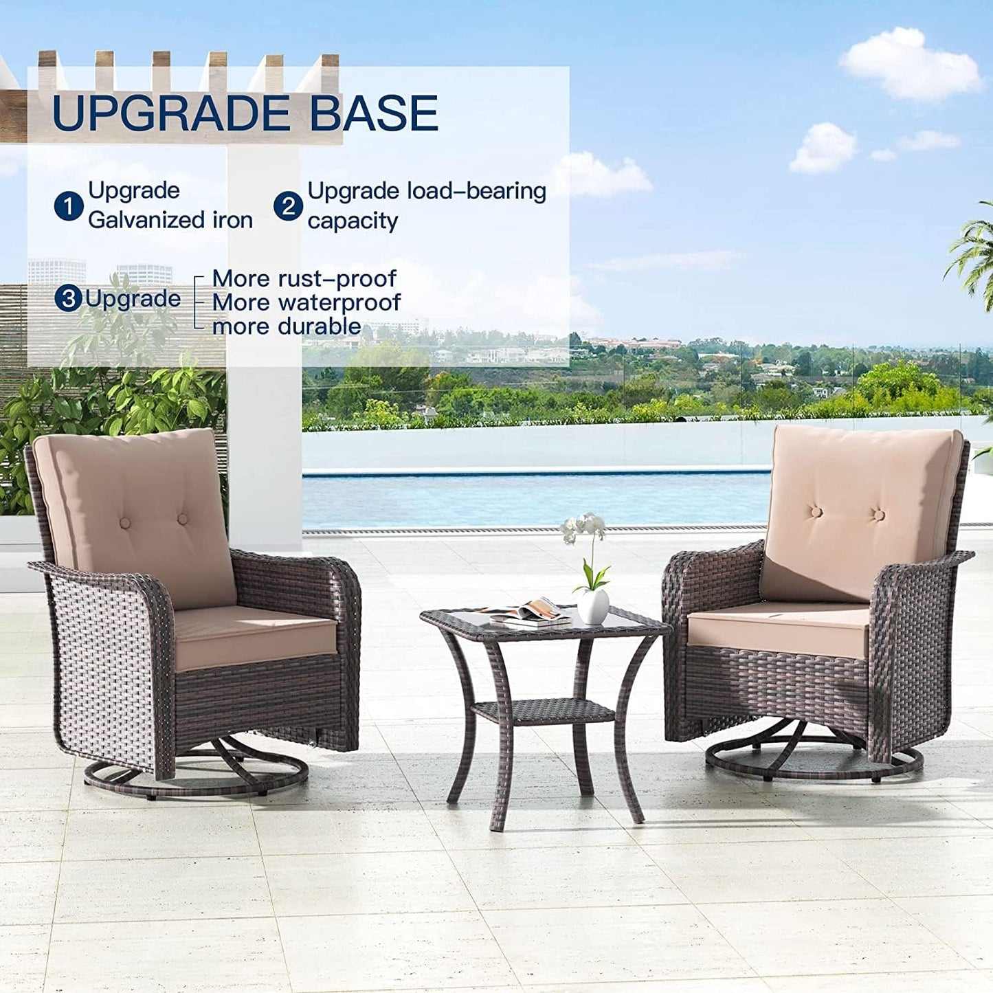 Gotland 5 Pieces Outdoor Swivel Chairs Set,Patio Wicker Rocker Chairs with 4" Thick Cushions,Side Table and Ottomans,Patio Conversation Furniture Set for Patio Porch Deck Backyard