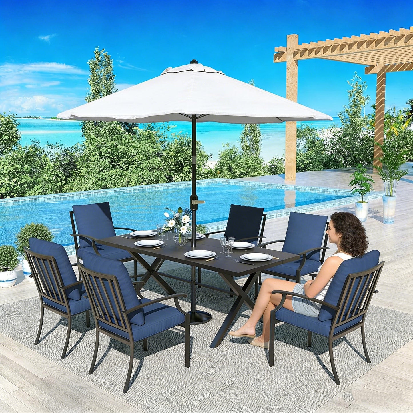 Gotland 7 Piece Outdoor Dining Set, Metal Outdoor Table and Chairs with X-Shaped Legs 1.5" Umbrella Hole, Patio Furniture Set with Waterproof Cushions, Patio Dining Sets for Backyard Deck ,Sand 5 out of 5 stars