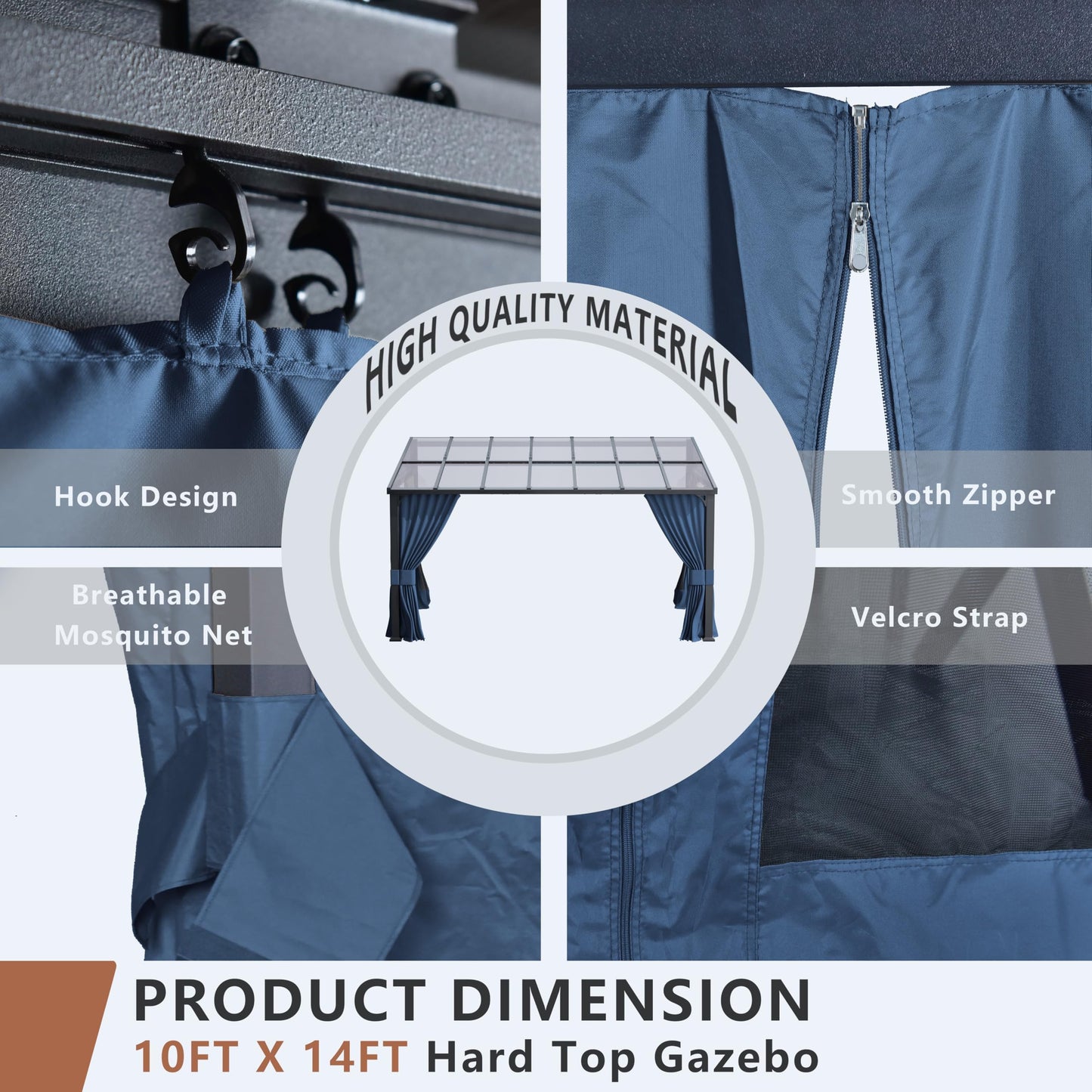 ALAULM 10'x 14' Outdoor Hardtop Gazebo,Wall Mounted Lean to Gazebo with Curtains and Netting,Galvanized Metal Frame,Sunshade for Patio, Backyard, Deck and Lawns (Dark Blue)