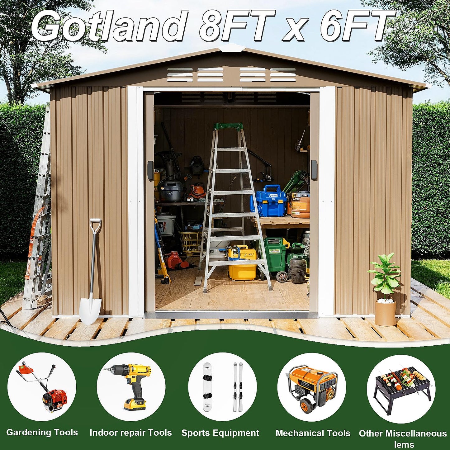 Gotland 8 x 6 FT Metal Tool Storage Shed - Waterproof Outdoor Shed with Lockable Sliding Door & Air Vents for Garden/Backyard