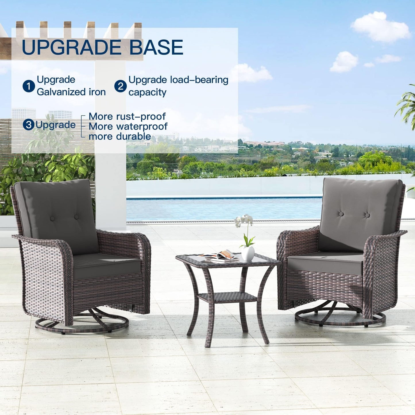 Gotland 5 Pieces Outdoor Swivel Chairs Set,Patio Wicker Rocker Chairs with 4" Thick Cushions,Side Table and Ottomans,Patio Conversation Furniture Set for Patio Porch Deck Backyard