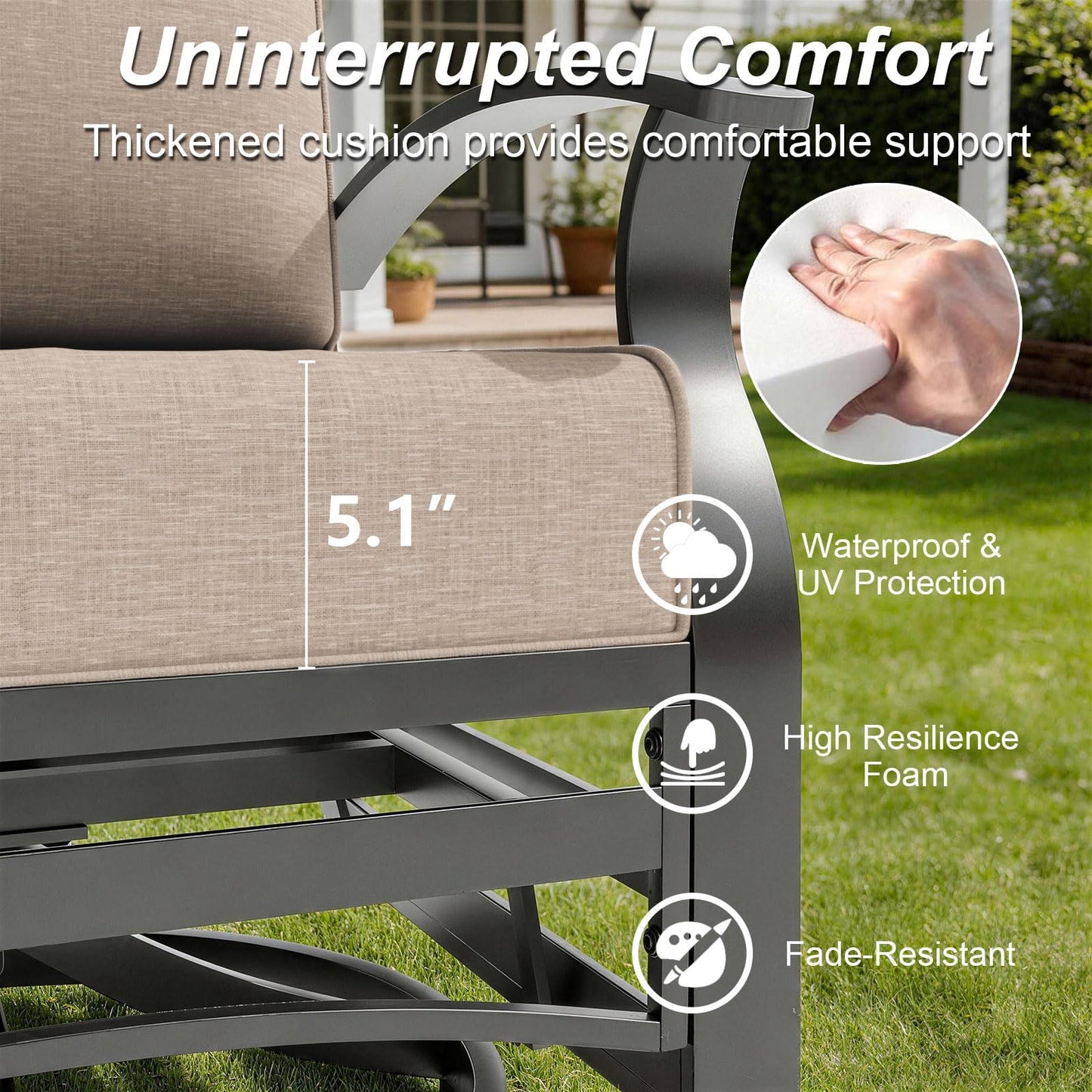 Gotland 6 Piece Patio Set, Aluminum Outdoor Swivel Chairs Set with Round Table 5.1’’ High-Resilience Seat Cushions 29.5" Deep Seating, Metal Patio Furniture Set Patio Conversation Sets