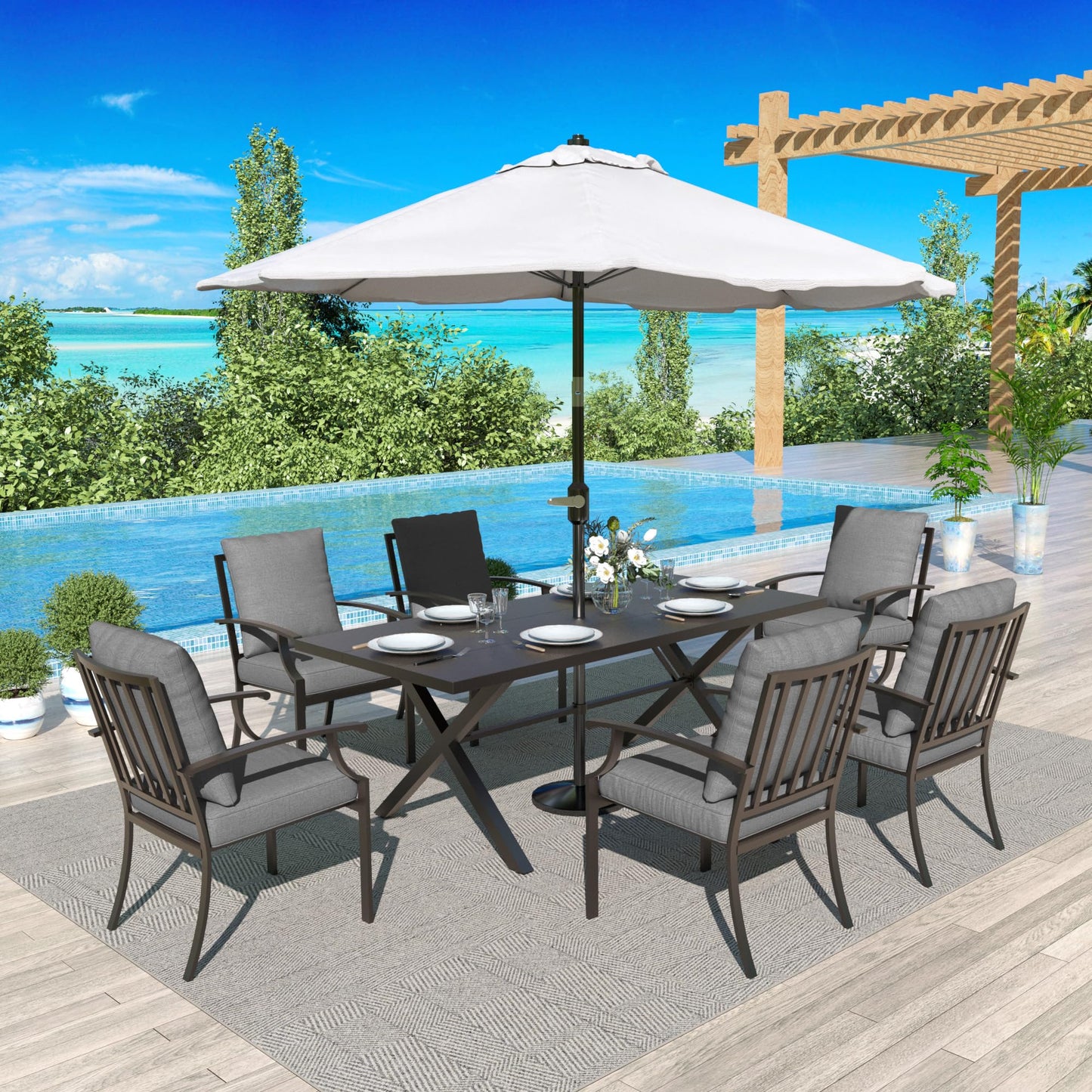 Gotland 7 Piece Outdoor Dining Set, Metal Outdoor Table and Chairs with X-Shaped Legs 1.5" Umbrella Hole, Patio Furniture Set with Waterproof Cushions, Patio Dining Sets for Backyard Deck ,Sand 5 out of 5 stars