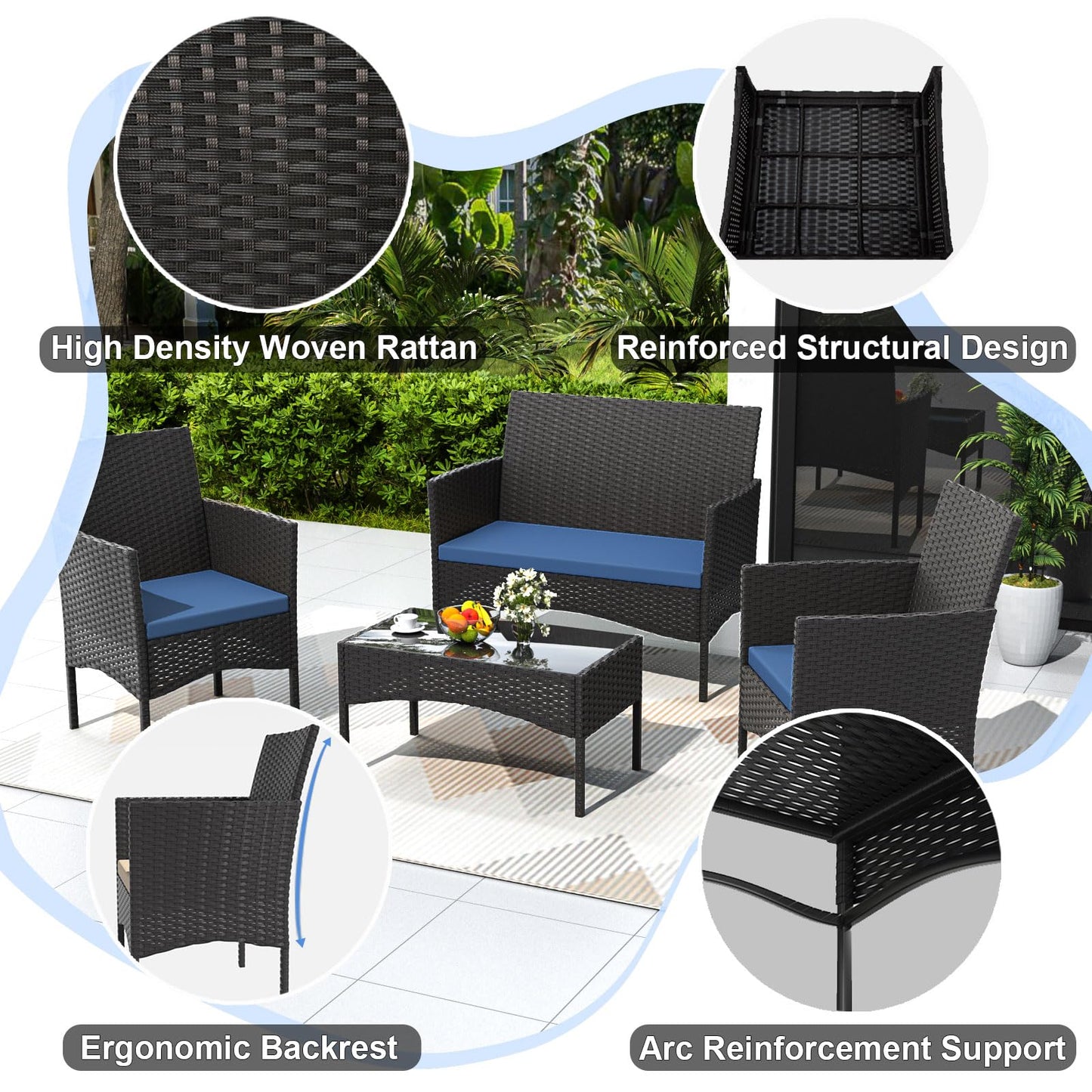 Gotland 4-Piece Outdoor Patio Furniture Set, Wicker Rattan Chairs & Sofa with Cushions and Glass Coffee Table, Conversation Set for Backyard, Lawn, Porch, Pool, Garden,Khaki