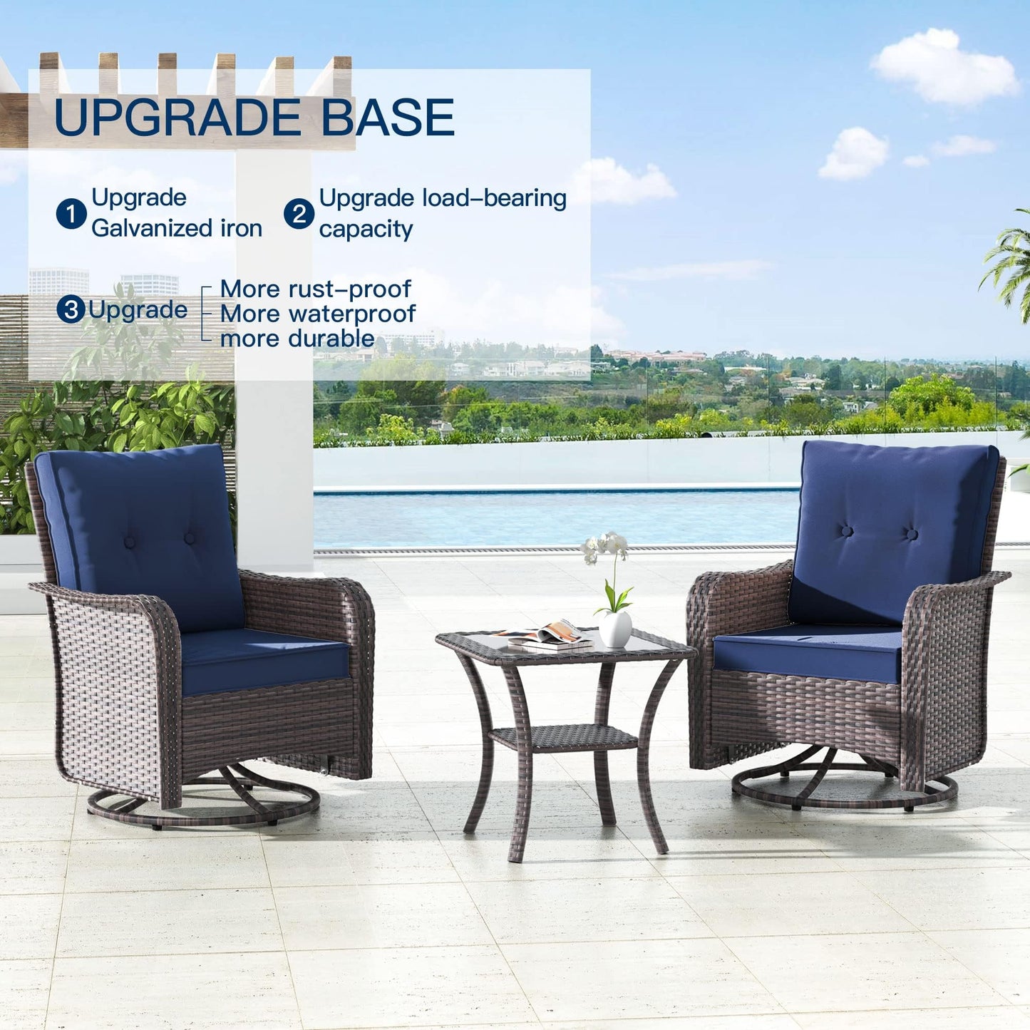 Gotland 5 Pieces Outdoor Swivel Chairs Set,Patio Wicker Rocker Chairs with 4" Thick Cushions,Side Table and Ottomans,Patio Conversation Furniture Set for Patio Porch Deck Backyard