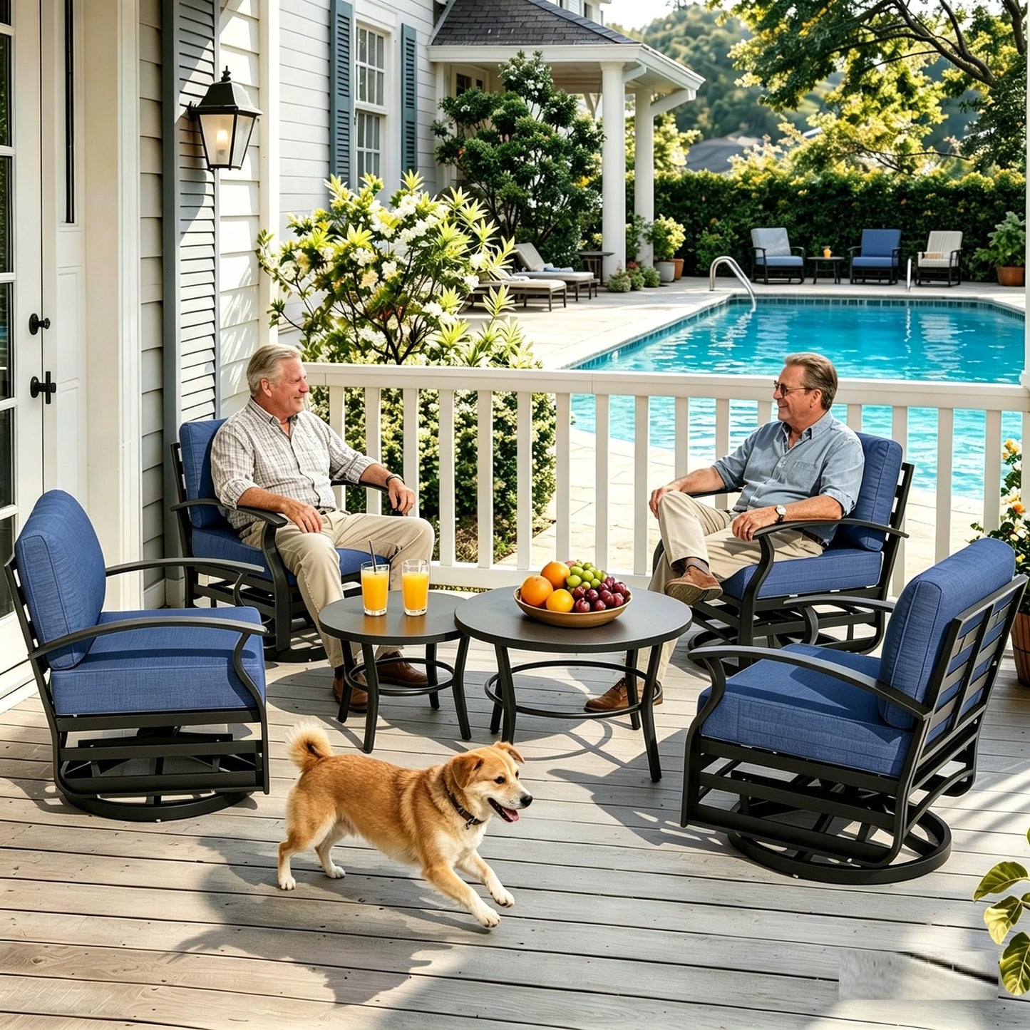 Gotland 6 Piece Patio Set, Aluminum Outdoor Swivel Chairs Set with Round Table 5.1’’ High-Resilience Seat Cushions 29.5" Deep Seating, Metal Patio Furniture Set Patio Conversation Sets