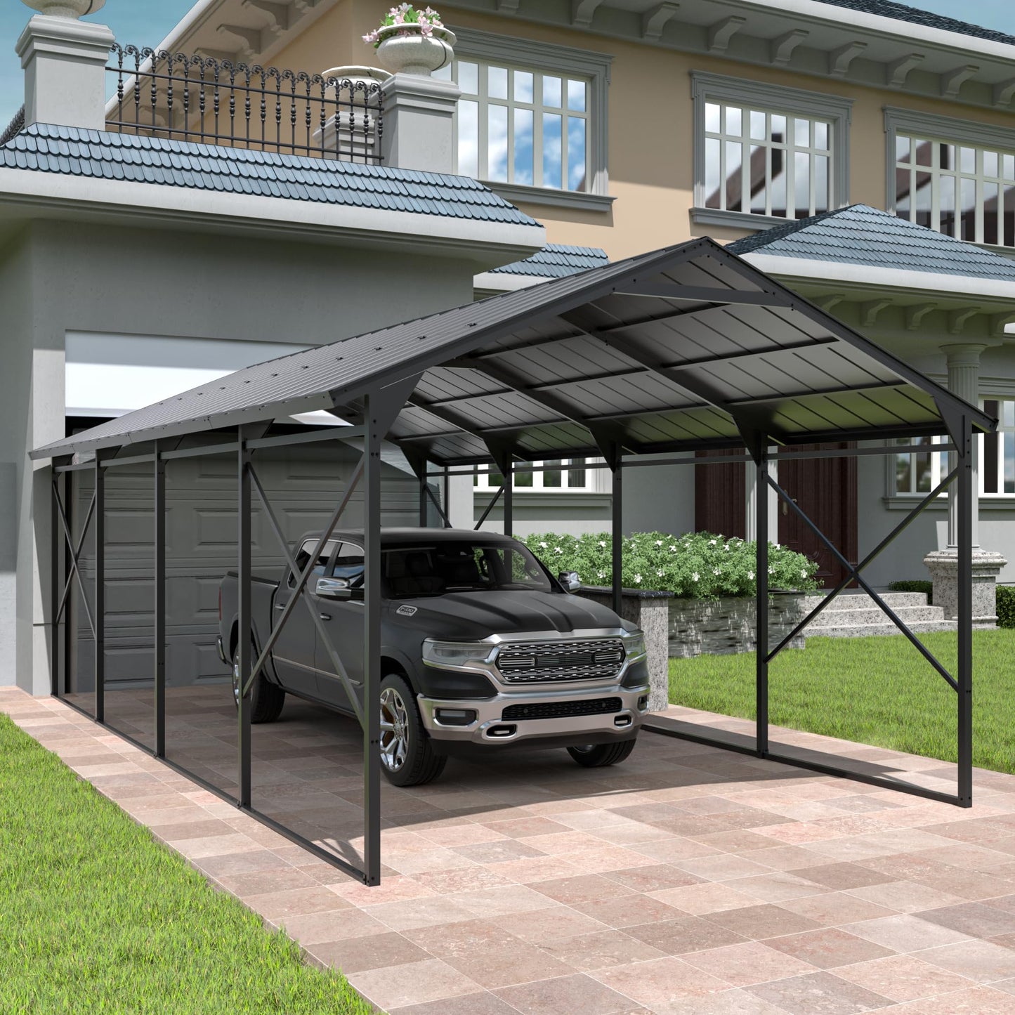 ALAULM 12X22FT Metal Carport Outdoor Carport Canopy Heavy Galvanized Garage Car Shelter with Enhanced Base and Roof, Duty Garage Shelter for Cars Boats Pickups Trucks