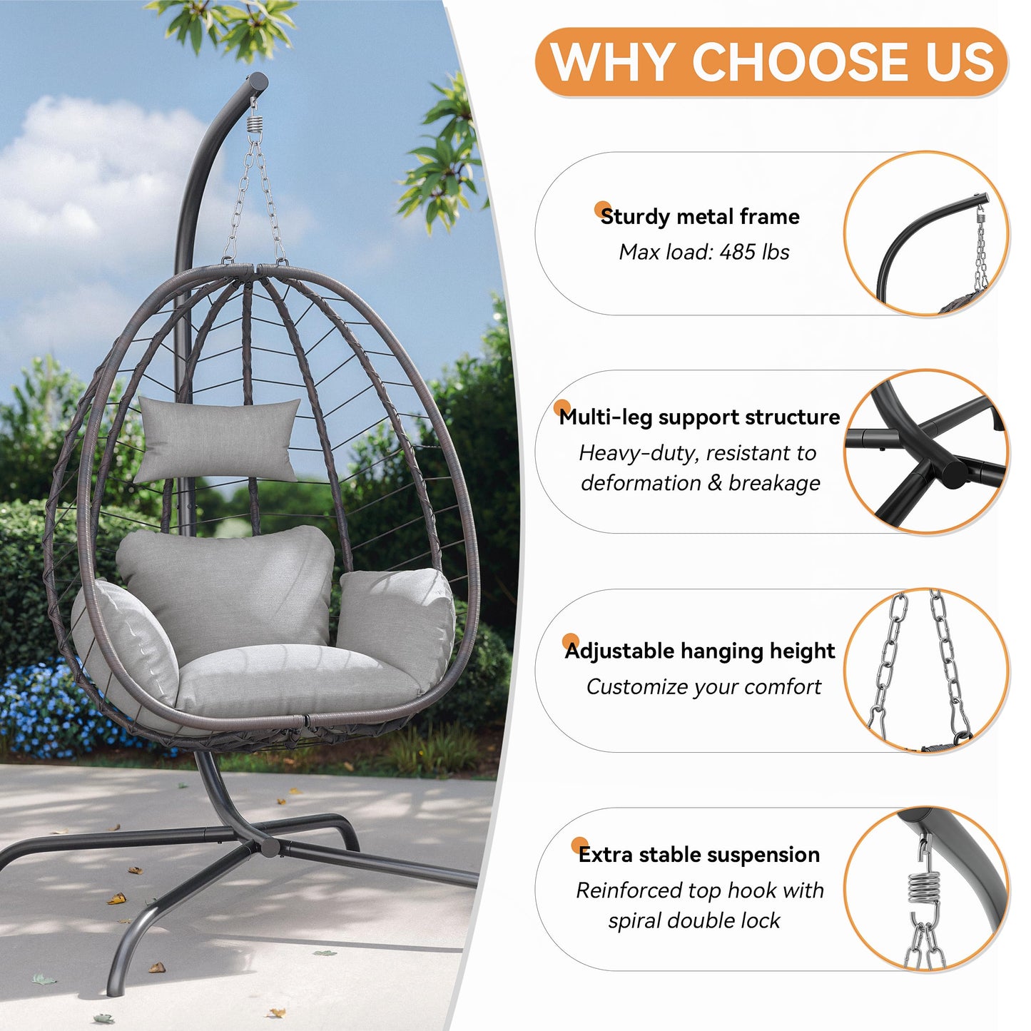 Gotland Outdoor Hanging Egg Chair with Stand,Patio Wicker Swing Egg Chair Hammock Chair with UV Resistant Cushion,All-Weather 485lbs Capacity for Bedroom,Balcony,Garden,Beige