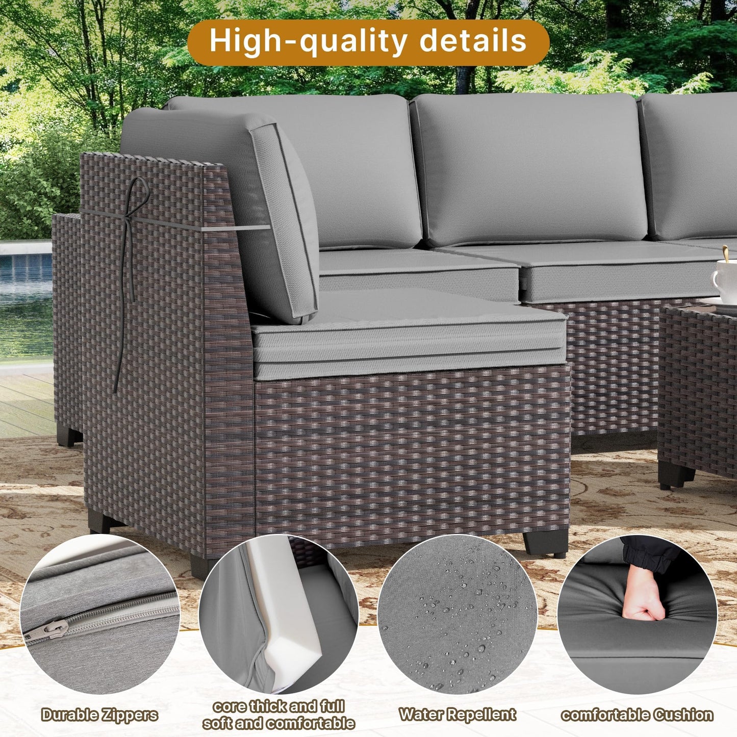 Gotland 10PCS Outdoor PE Rattan Wicker Patio Furniture Set with 43" Fire Pit Table & Swivel Rocking Chairs Set