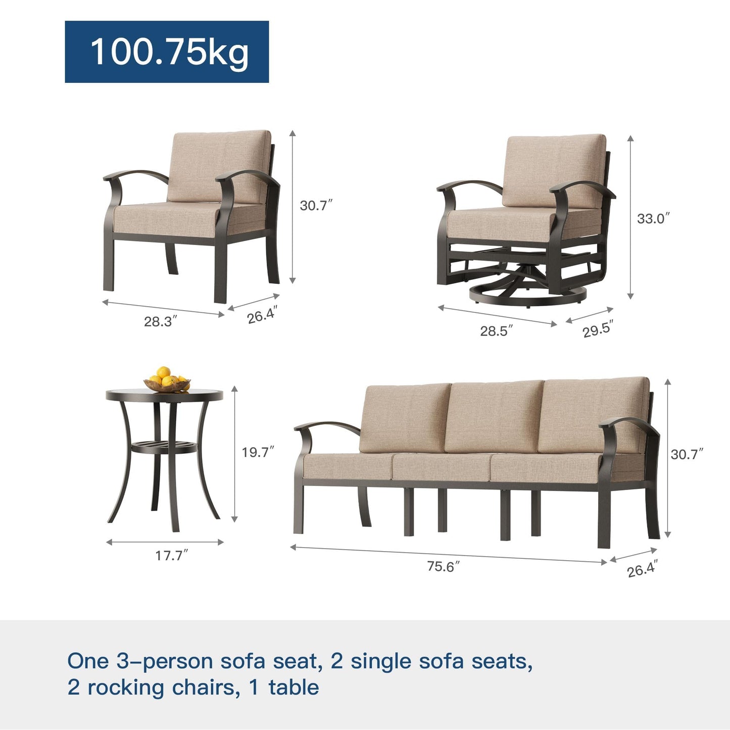 Gotland 7 Piece Aluminum Patio Furniture Set,Modern Metal Outdoor Patio Furniture w/5.1'' Thick Cushion,Swivel Chairs and Rectangular Coffee Table,Patio Conversation Sets for Porch,Deck