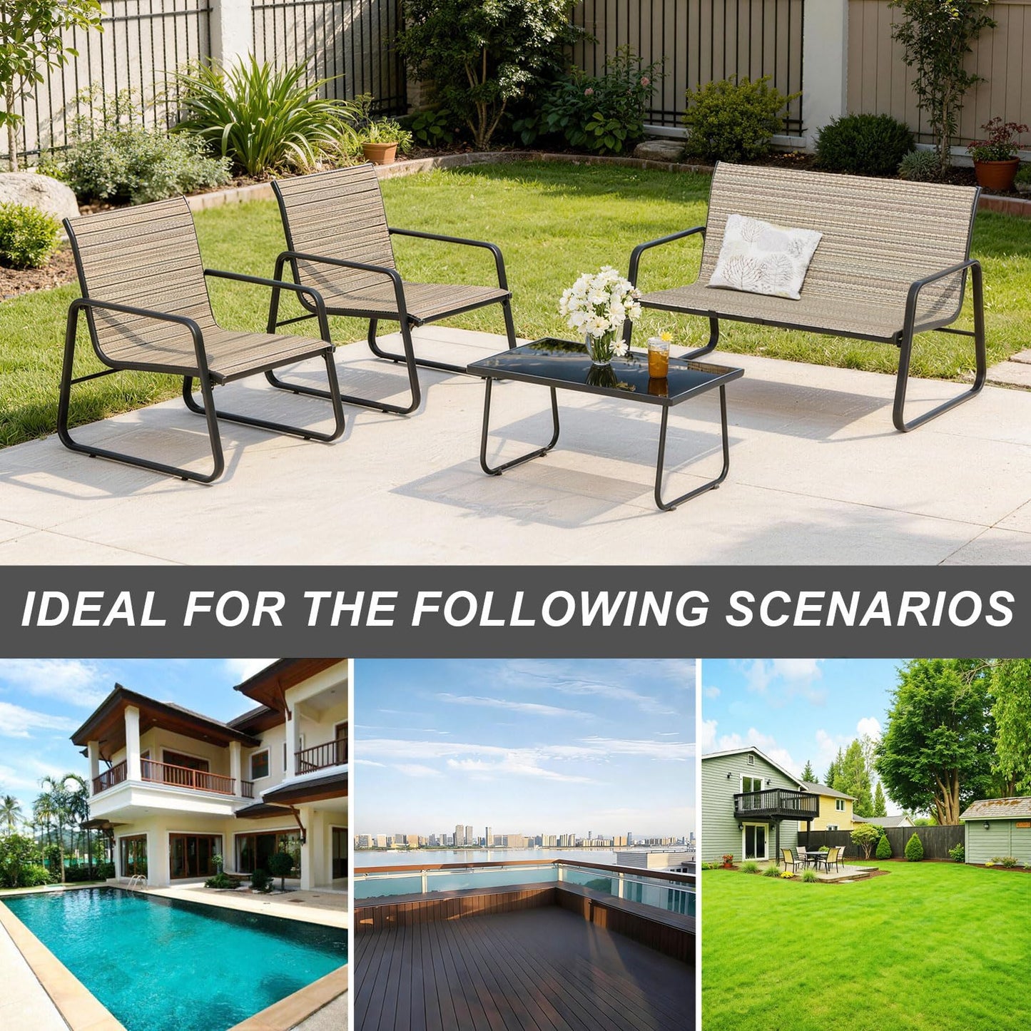 ALAULM 4 Pieces Outdoor Furniture Set All Weather Textile Fabric Patio Conversation Set w/Coffee Table, Loveseat, 2 Single Chairs for Patio, Yard, Garden, Lawn(Brown)