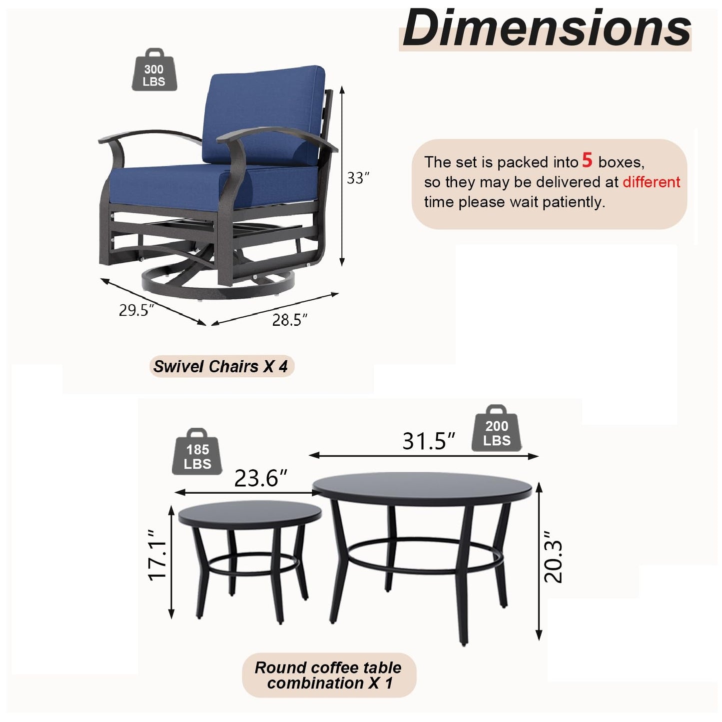 Gotland 6 Piece Patio Set, Aluminum Outdoor Swivel Chairs Set with Round Table 5.1’’ High-Resilience Seat Cushions 29.5" Deep Seating, Metal Patio Furniture Set Patio Conversation Sets