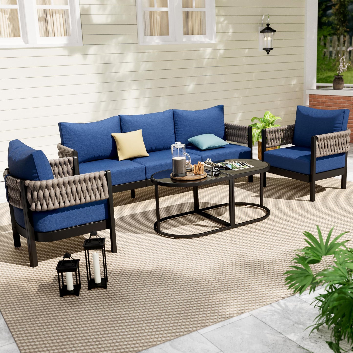 Aluminum Patio Furniture Set,5 Pieces HDPE Rope Patio Conversation Sets with Modular Coffee Table,Metal Outdoor Sectional Furniture w/5.9" Thick Cushions for Porch,Deck,Backyard,Navy Blue