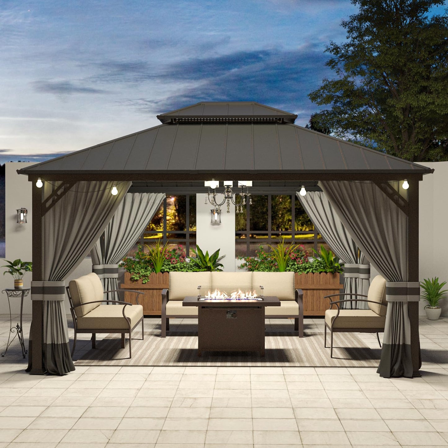 ASJMR Wall Mounted Gazebo with Polycarbonate Roof,Metal Frame Lean to Gazebo With Double Curtains for Garden Lawn Backyard Deck