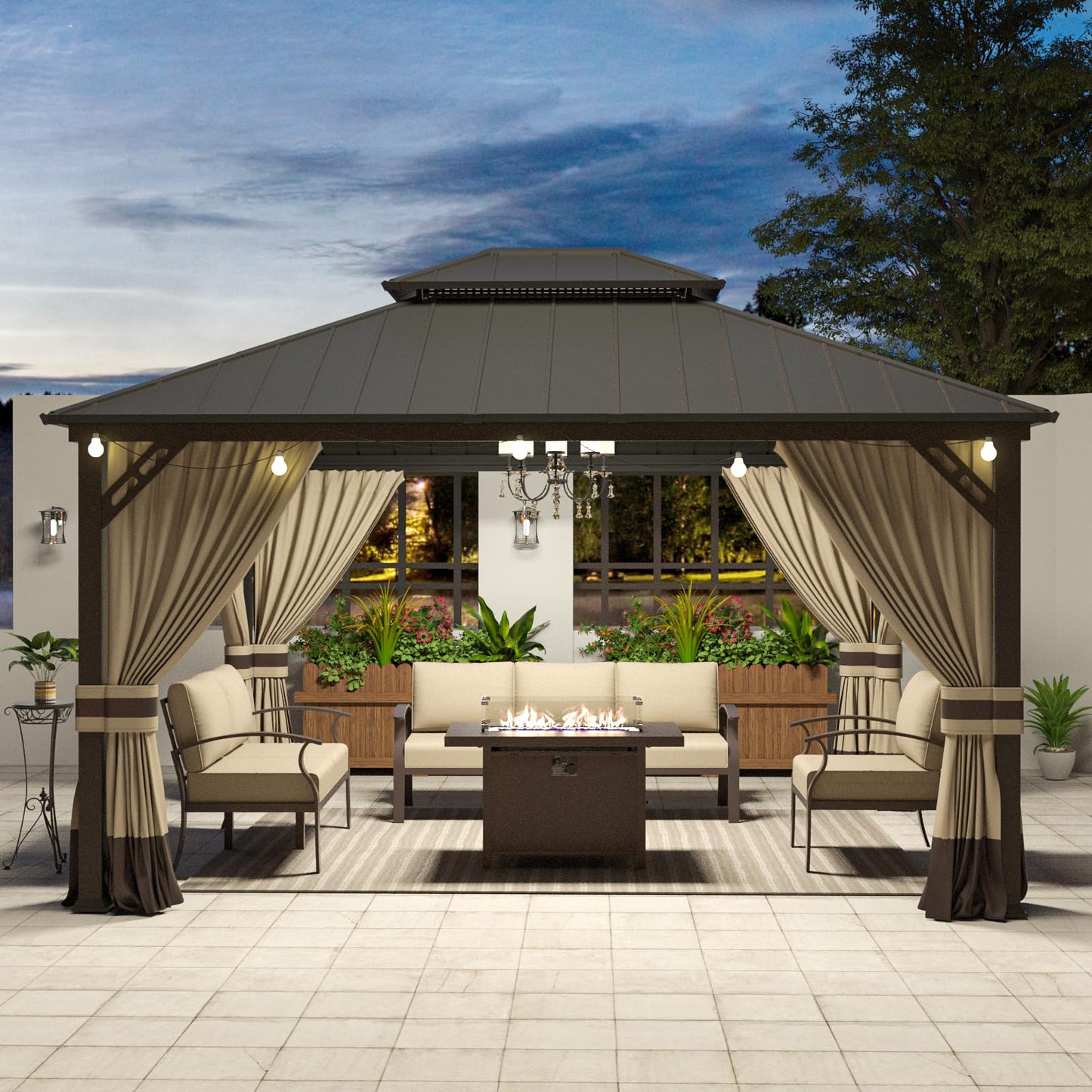 Gotland 12' x 14' Hardtop Gazebo, Outdoor Galvanized Steel Double-Roof Gazebo with Curtains and Netting for Patios, Gardens, and Lawns