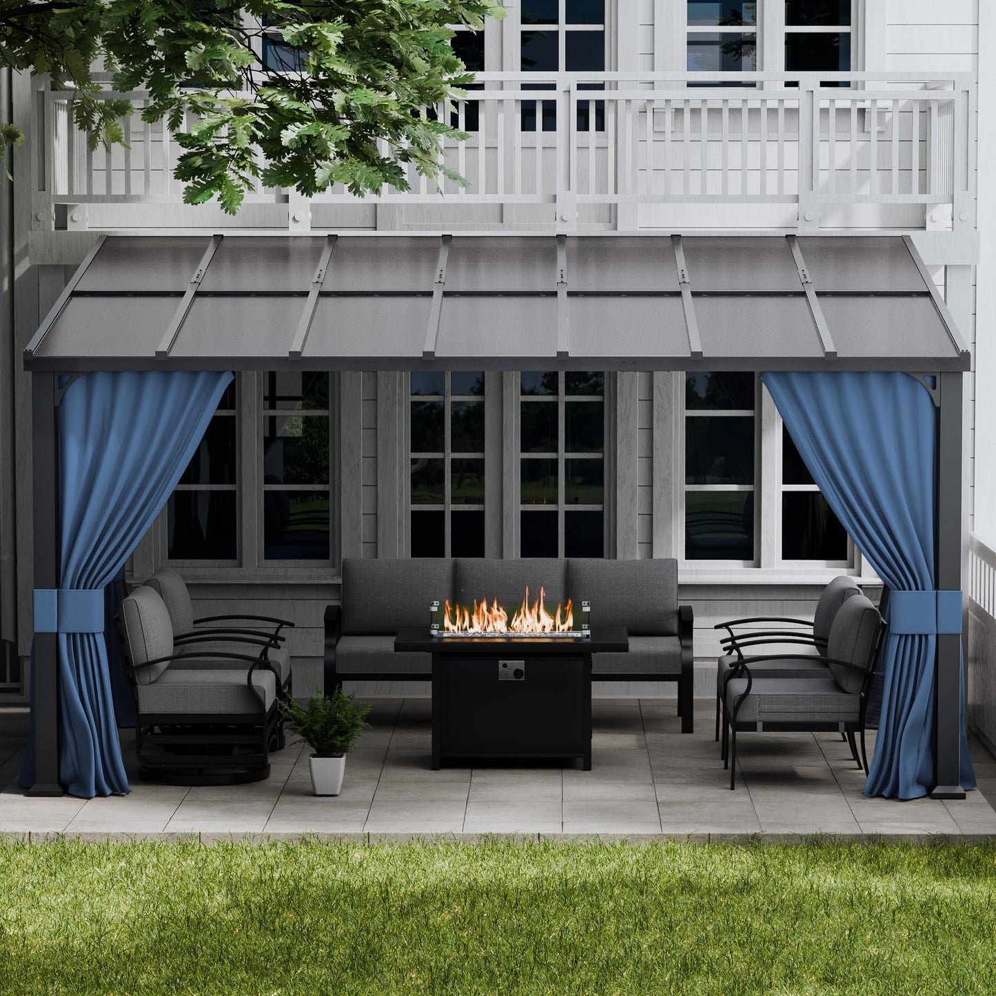 ALAULM 10'x 14' Outdoor Hardtop Gazebo,Wall Mounted Lean to Gazebo with Curtains and Netting,Galvanized Metal Frame,Sunshade for Patio, Backyard, Deck and Lawns (Dark Blue)