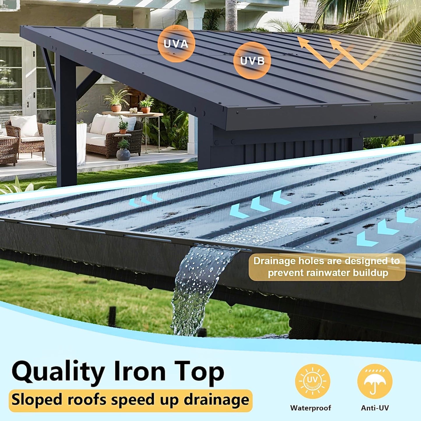Gotland 10' x 10' Outdoor Hardtop Grill Gazebo, Steel BBQ Gazebo with Multi-Tier Shelves Permanent & Independent Countertop for Patio Backyard Lawn Garden (Dark)