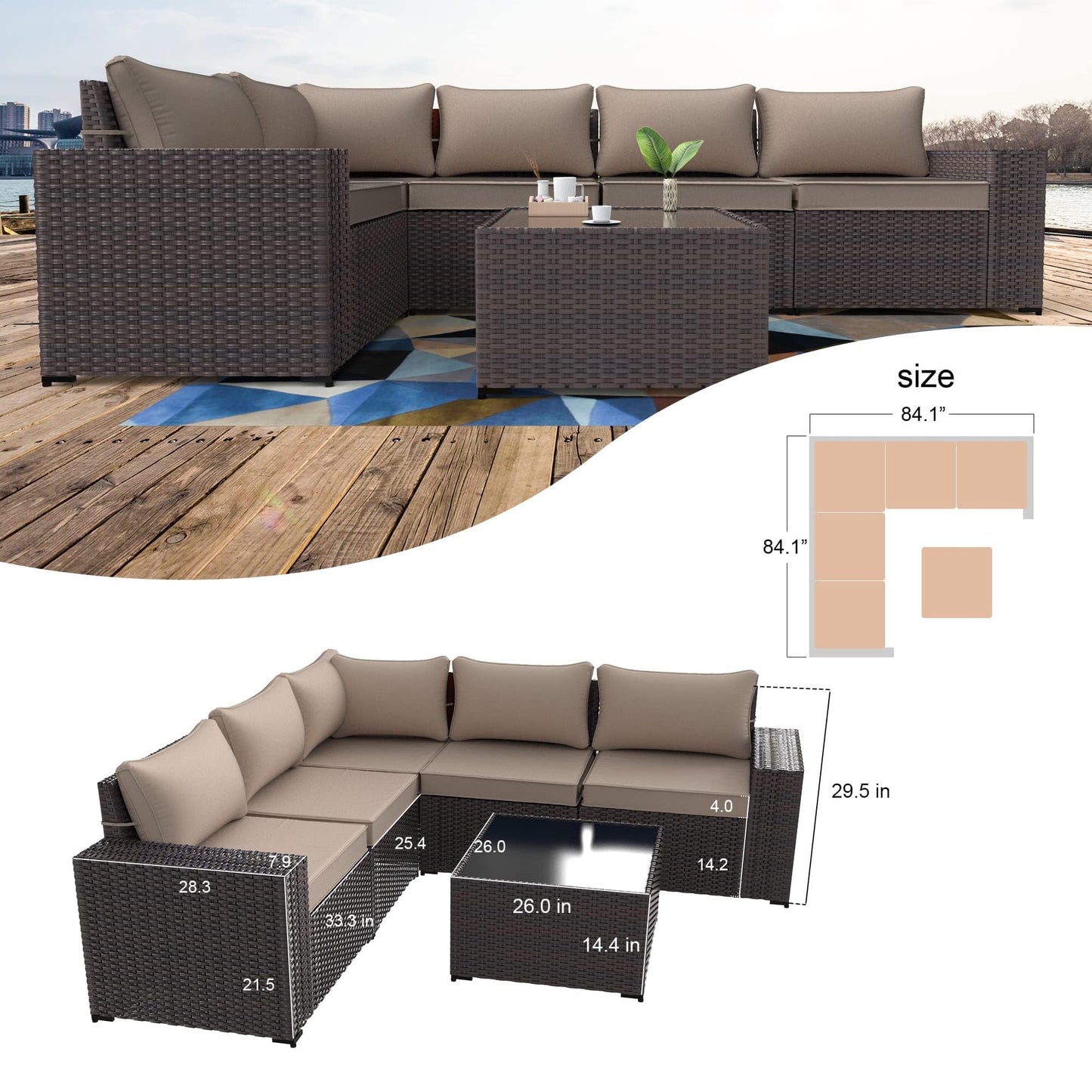 Gotland 6 Pieces Outdoor Patio Furniture Set Rattan Wicker Conversation Set,Wide Armrest