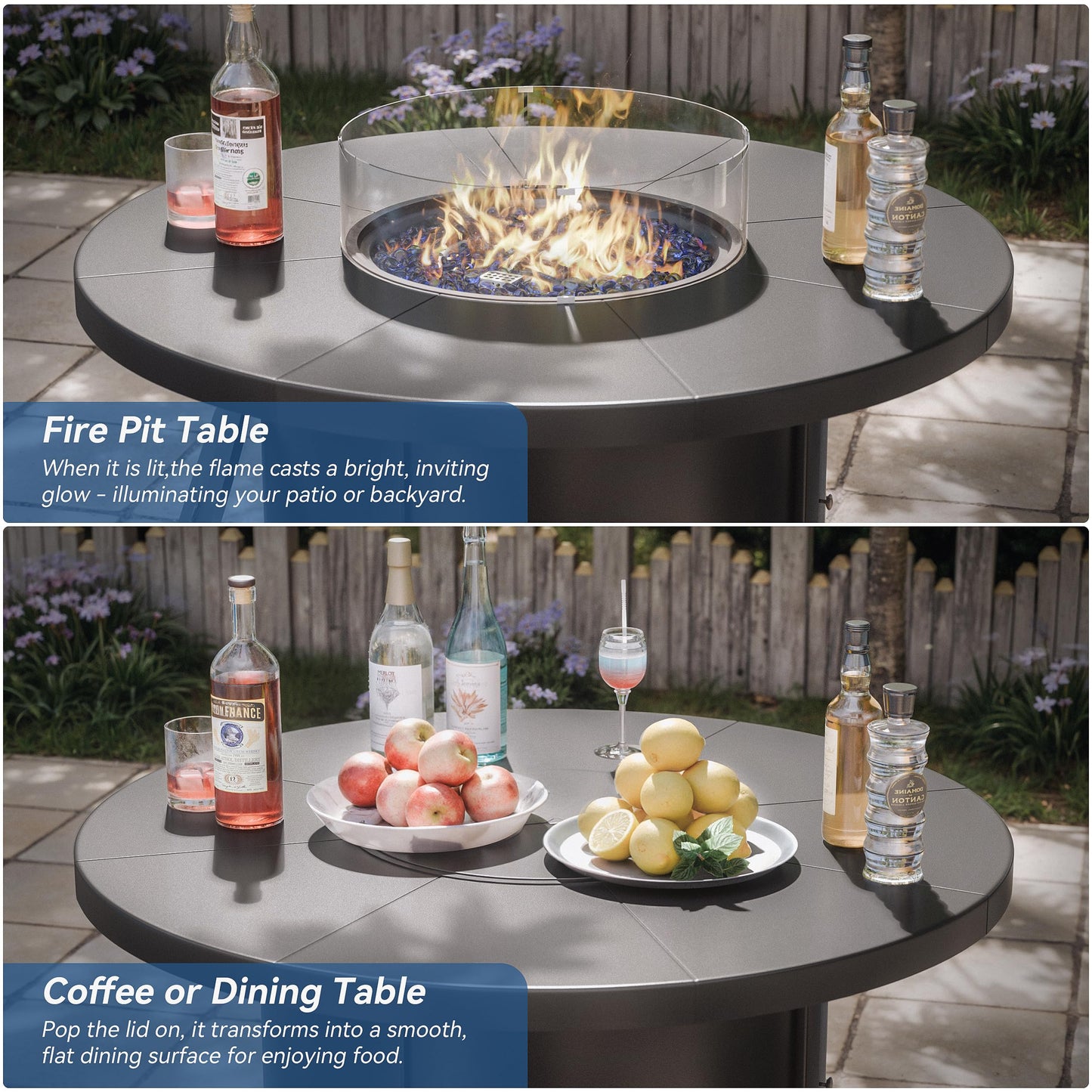 ALAULM 5 Piece Outdoor Conversation Sets, 4 Textilene Fabric Swivel Chairs with Metal Frame and w/48in Propane Round Fire Pit Table for Deck Garden Backyard Porch,Brown