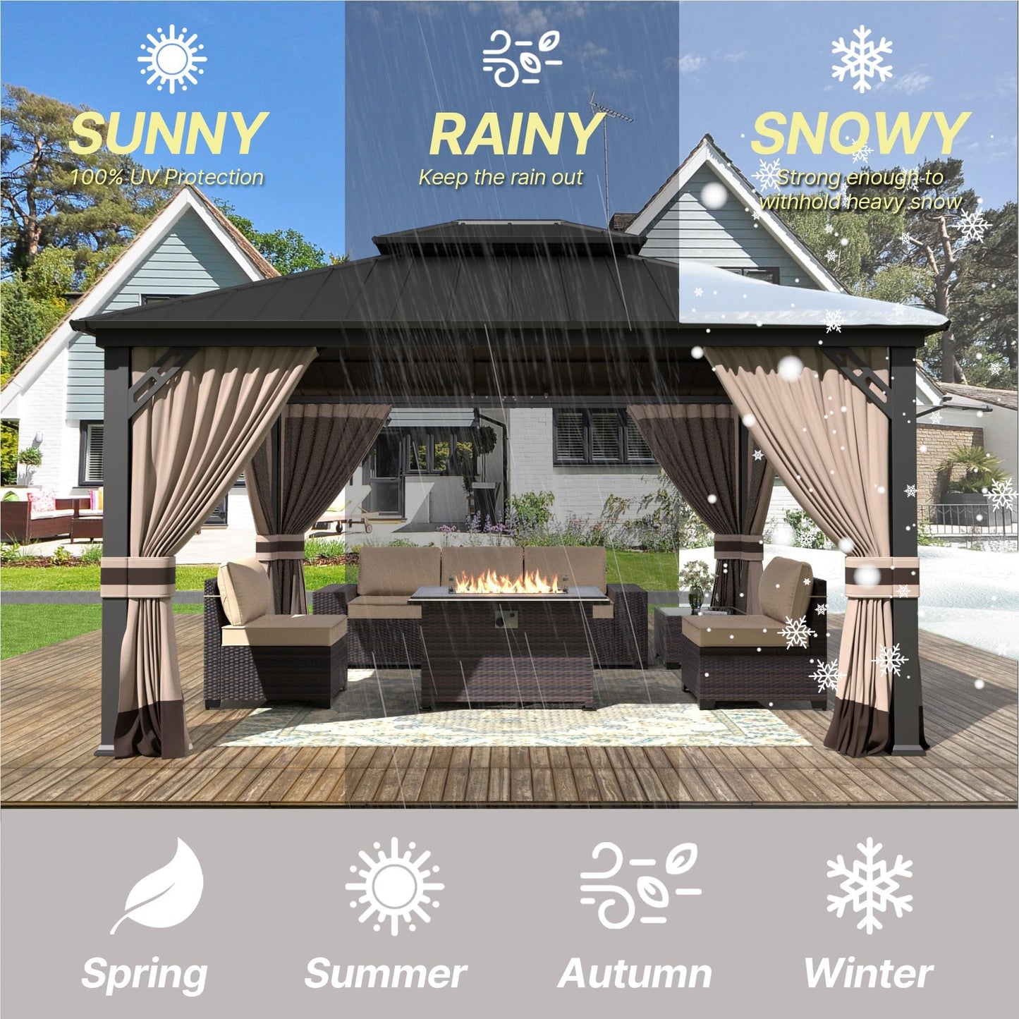 Gotland 12' x 20' Hardtop Gazebo, Outdoor Galvanized Steel Double-Roof Gazebo with Curtains and Netting for Patios, Gardens, and Lawns