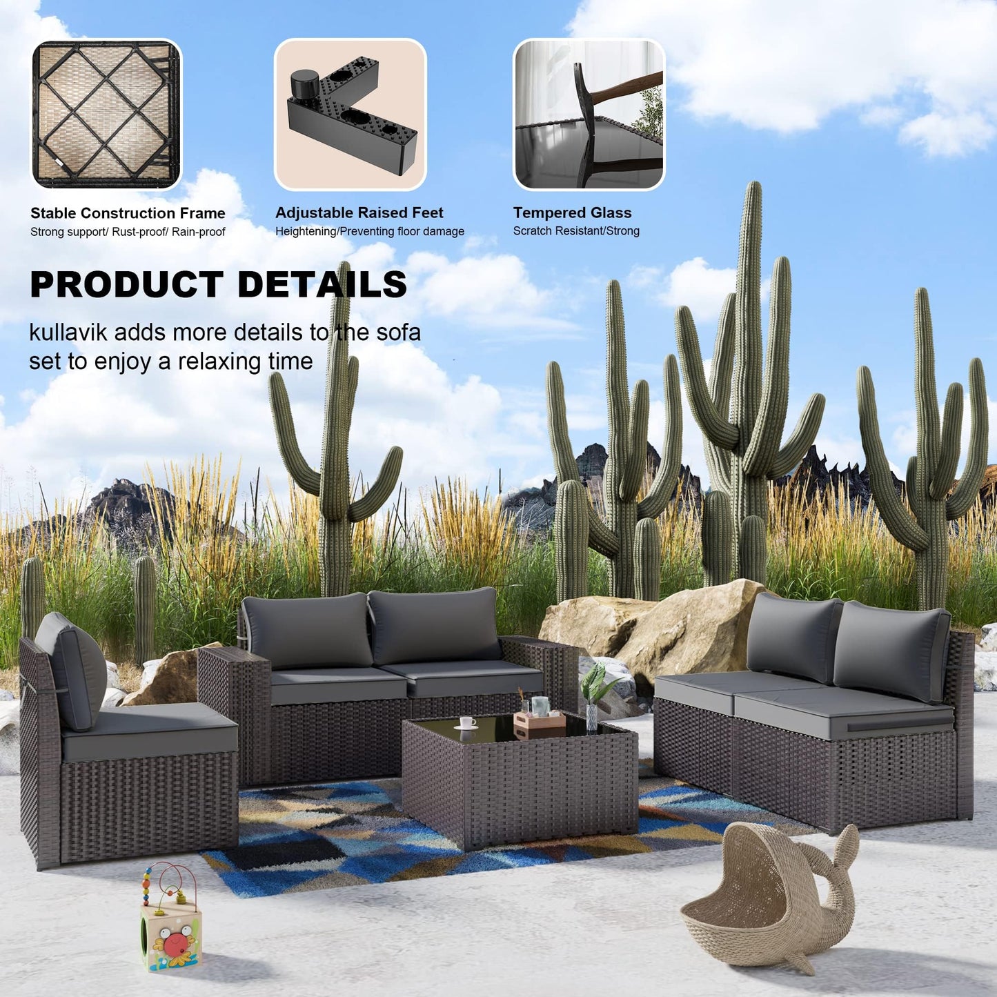 Gotland 6 Pieces Outdoor Patio Furniture Set Rattan Wicker Conversation Set,Wide Armrest
