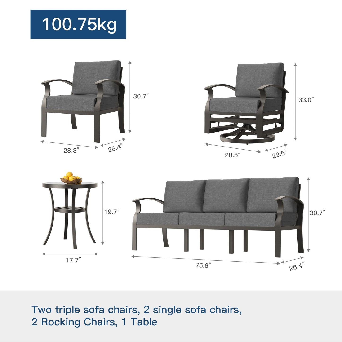 Gotland 10 PieceAluminum Patio Furniture Set,Modern Metal Outdoor Patio Furniture w/5.1'' Thick Cushion,Swivel Chairs and Round Coffee Table,Patio Conversation Sets for Porch,Deck