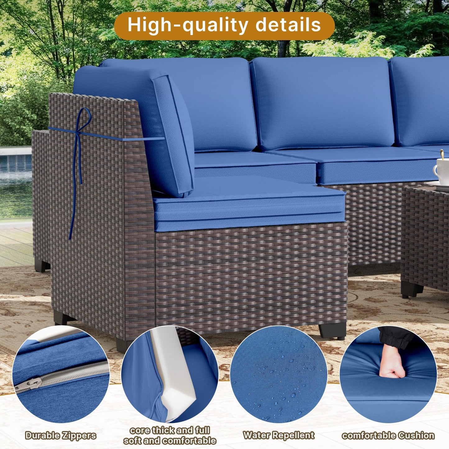 Gotland Outdoor Patio Furniture Set with 43" Propane Fire Pit Table, 7 Pieces Outdoor Furniture Patio Sectional Sofa Conversation Sets