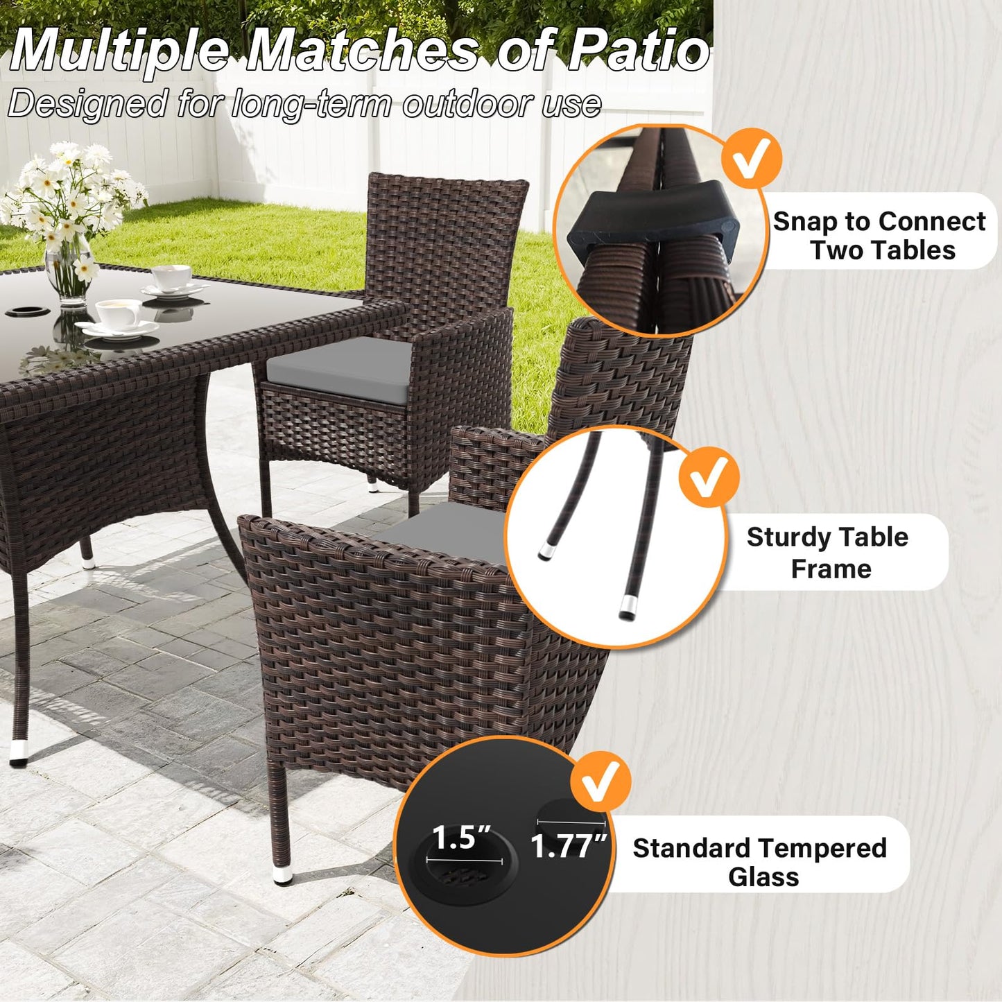 Gotland Outdoor Dining Table Set, Garden Patio Rattan Set with w/Tempered Glass Tabletop with Removable Cushions and Umbrella Cutout for Patio, Backyard