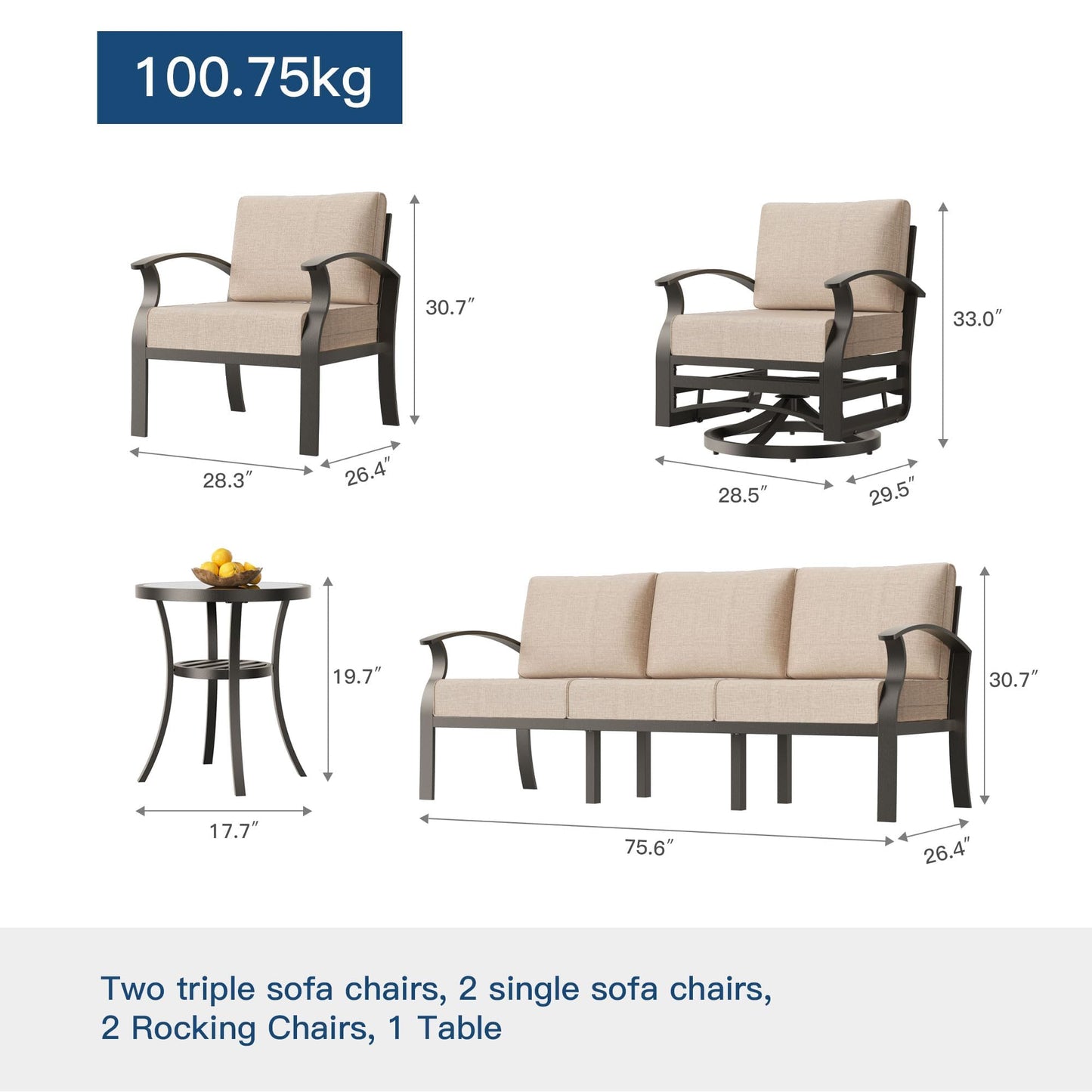 Gotland 7 Piece Aluminum Patio Furniture Set,Modern Metal Outdoor Patio Furniture w/5.1'' Thick Cushion,Swivel Chairs and Round Coffee Table,Patio Conversation Sets for Porch,Deck