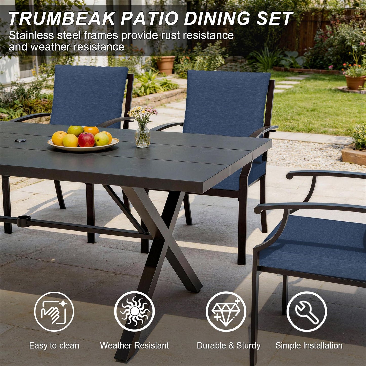 Gotland 10PCS Patio Conversation Set, Metal Outdoor Furniture Set Includes 13.6FT Umbrella, Hole Cut-Out 78.7" x 35.4" Table and 8 Metal Stackable chairs for Backyard Garden