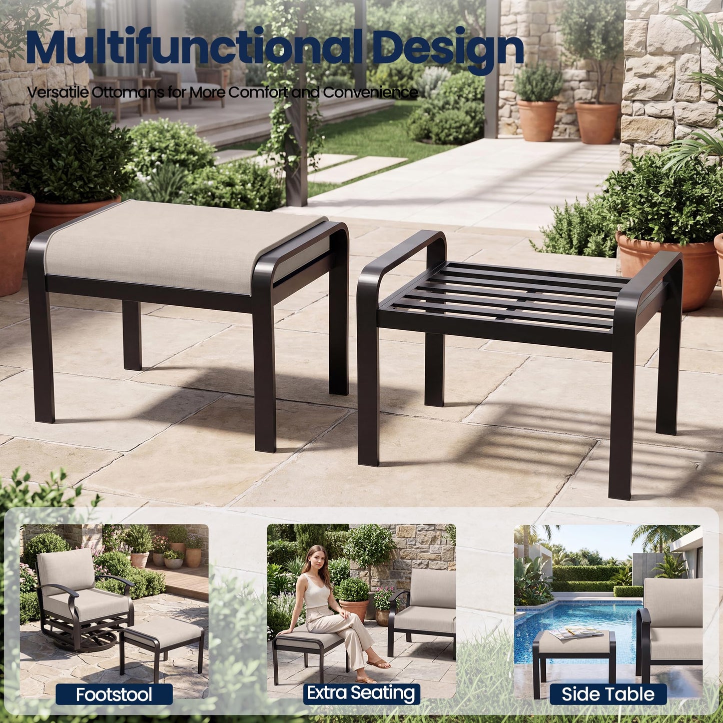 ALAULM 2PCS Aluminum Outdoor Ottomans with Removable Cushion, Oversized Outdoor Footstools, Additional Seating, Multipurpose Outdoor Footrests for Balcony, Garden, Sand