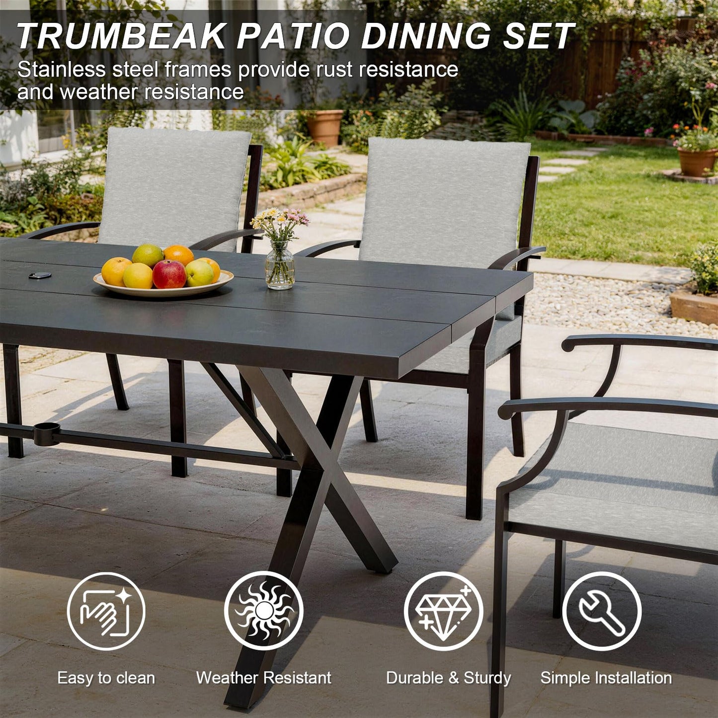 Gotland 10PCS Patio Conversation Set, Metal Outdoor Furniture Set Includes 13.6FT Umbrella, Hole Cut-Out 78.7" x 35.4" Table and 8 Metal Stackable chairs for Backyard Garden